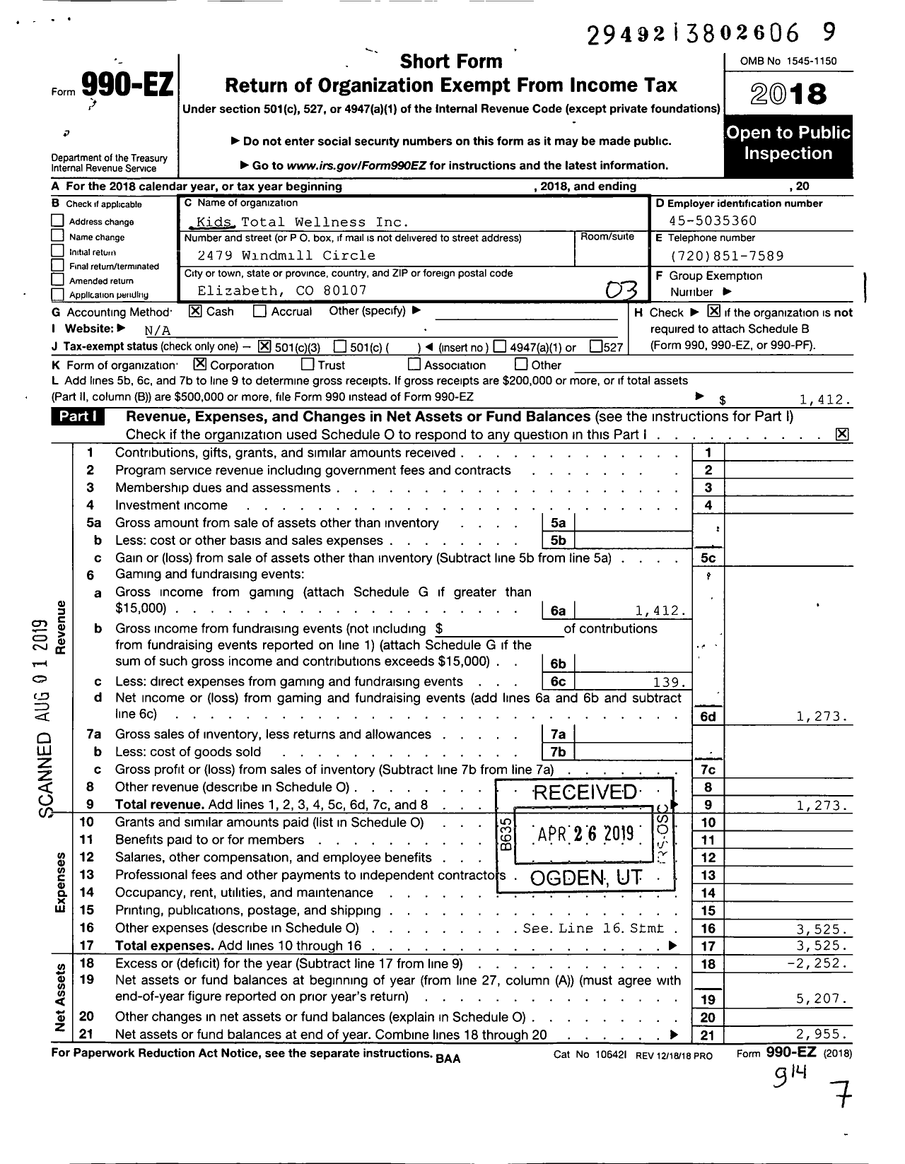 Image of first page of 2018 Form 990EZ for Kids Total Wellness