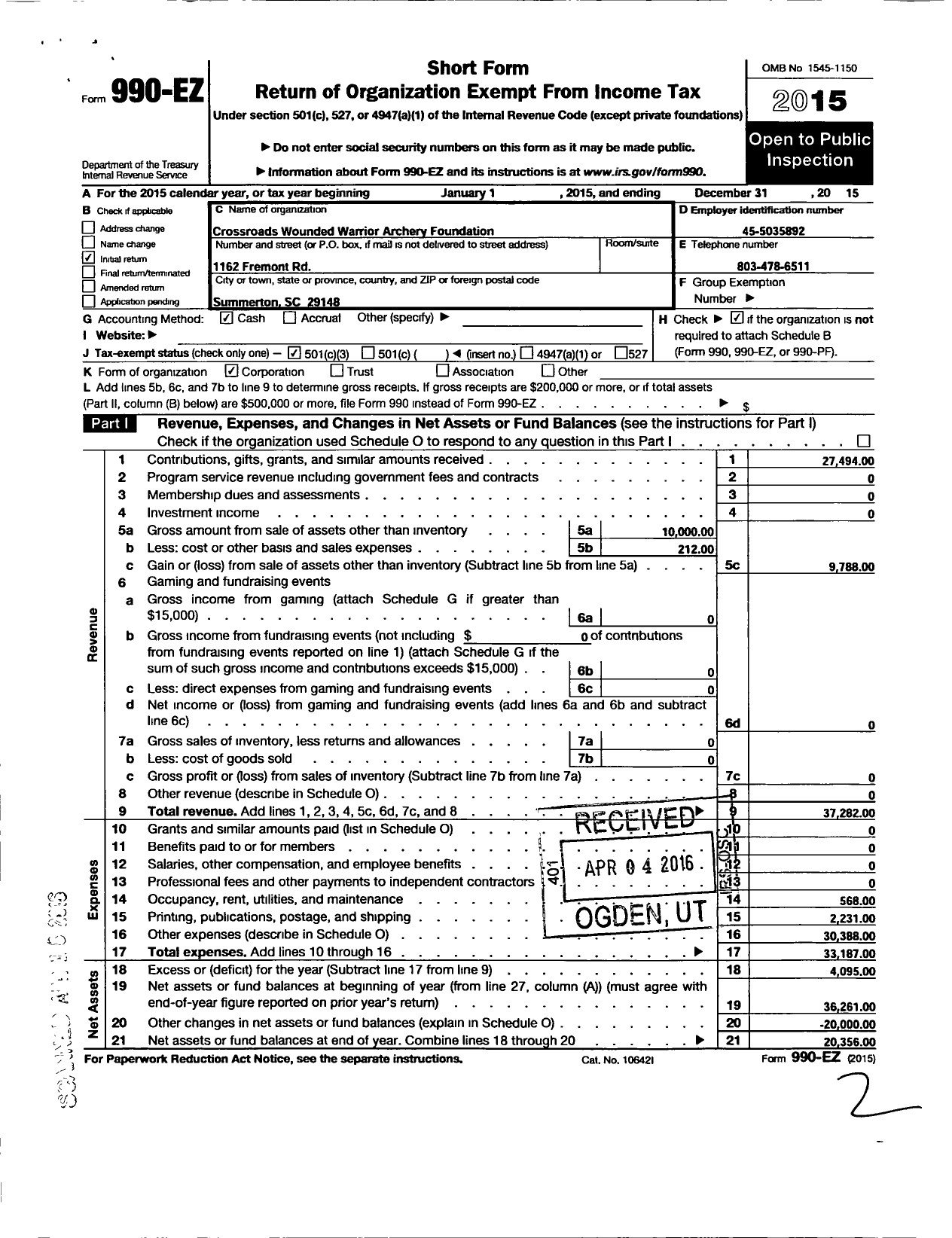 Image of first page of 2015 Form 990EZ for Crossroads Wounded Warrior Archery Foundation