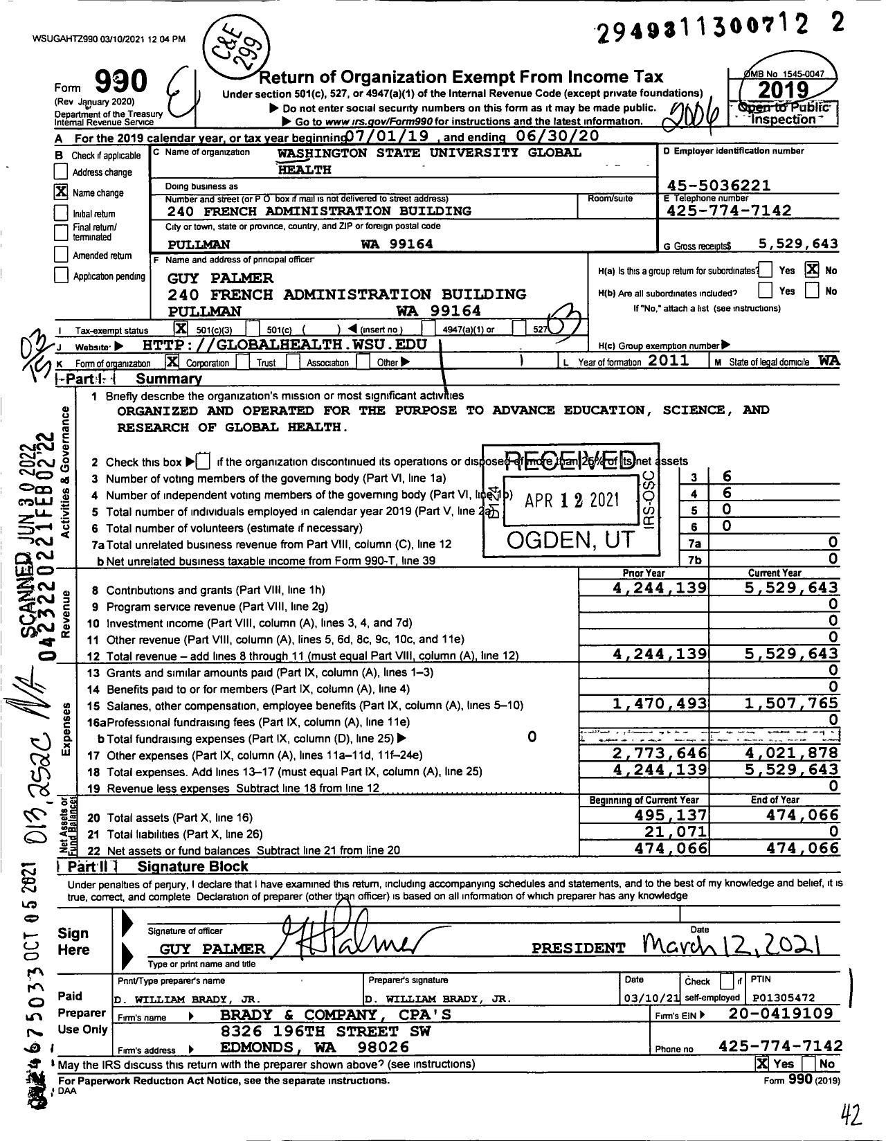 Image of first page of 2019 Form 990 for Washington State University Global Health