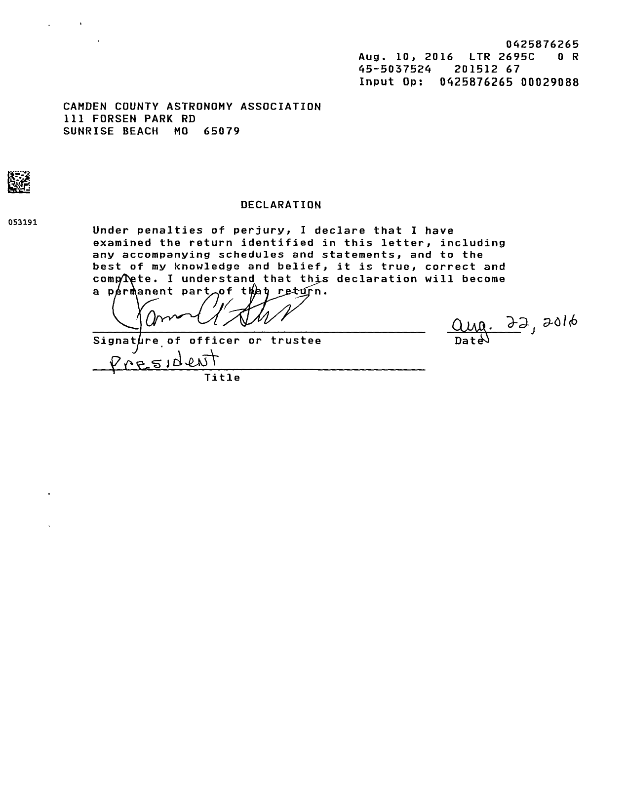 Image of first page of 2015 Form 990ER for Camden County Astronomy Association