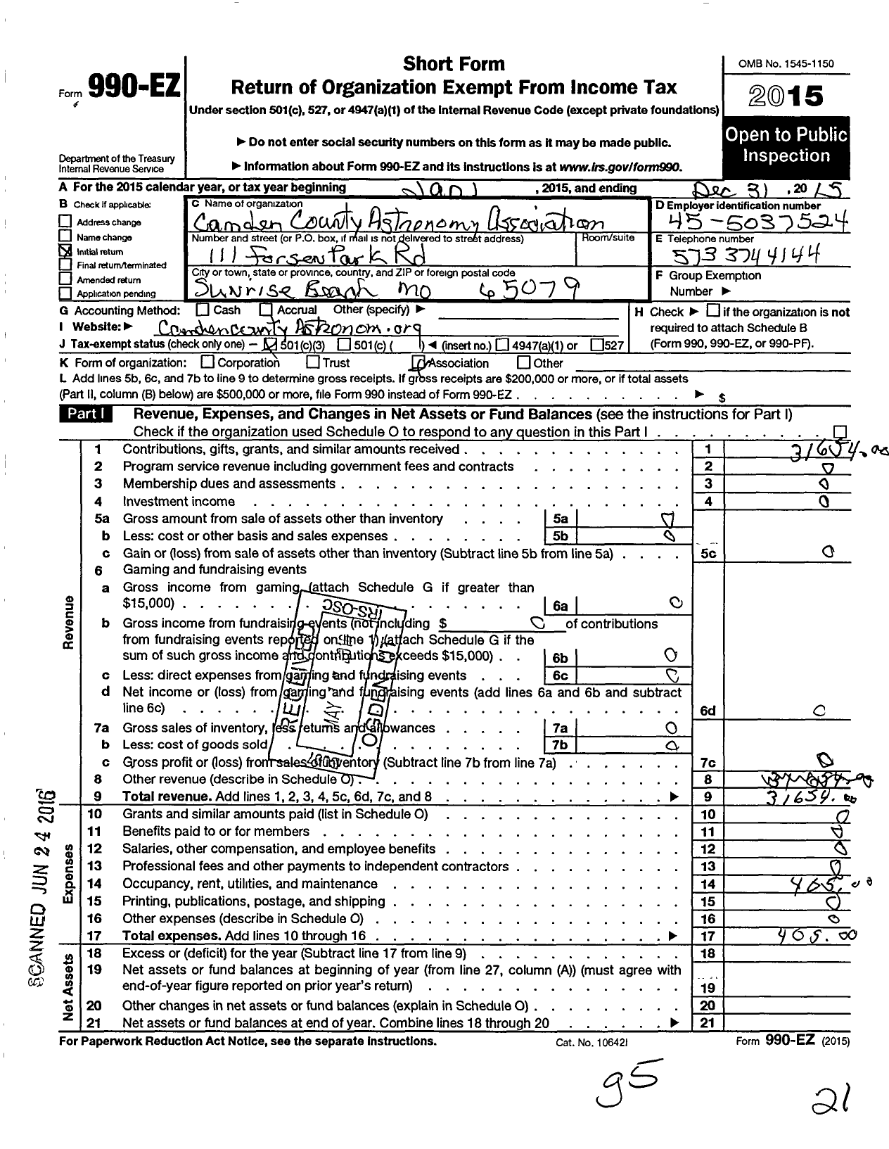 Image of first page of 2015 Form 990EZ for Camden County Astronomy Association