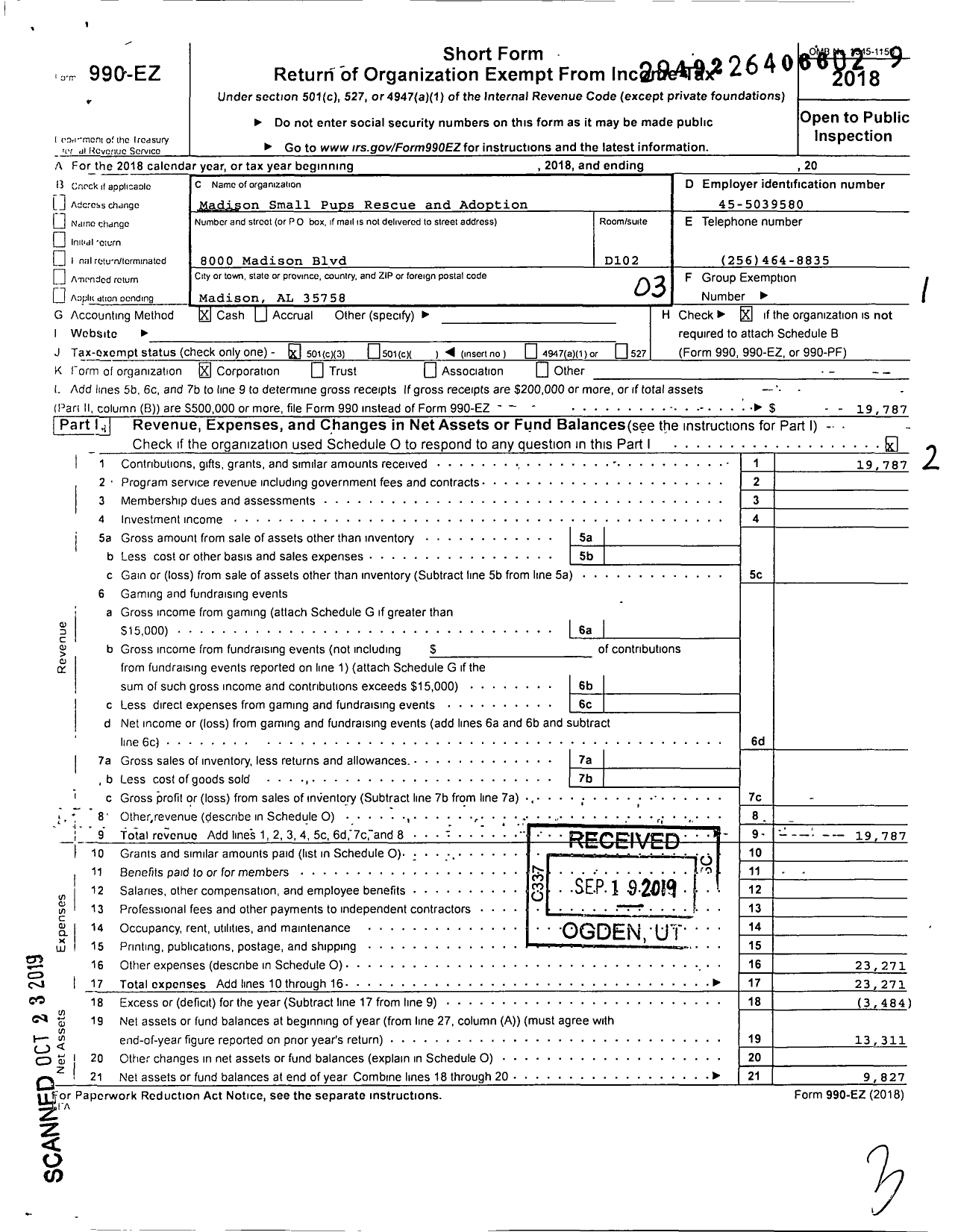 Image of first page of 2018 Form 990EZ for Madison Small Pups Rescue and Adoption