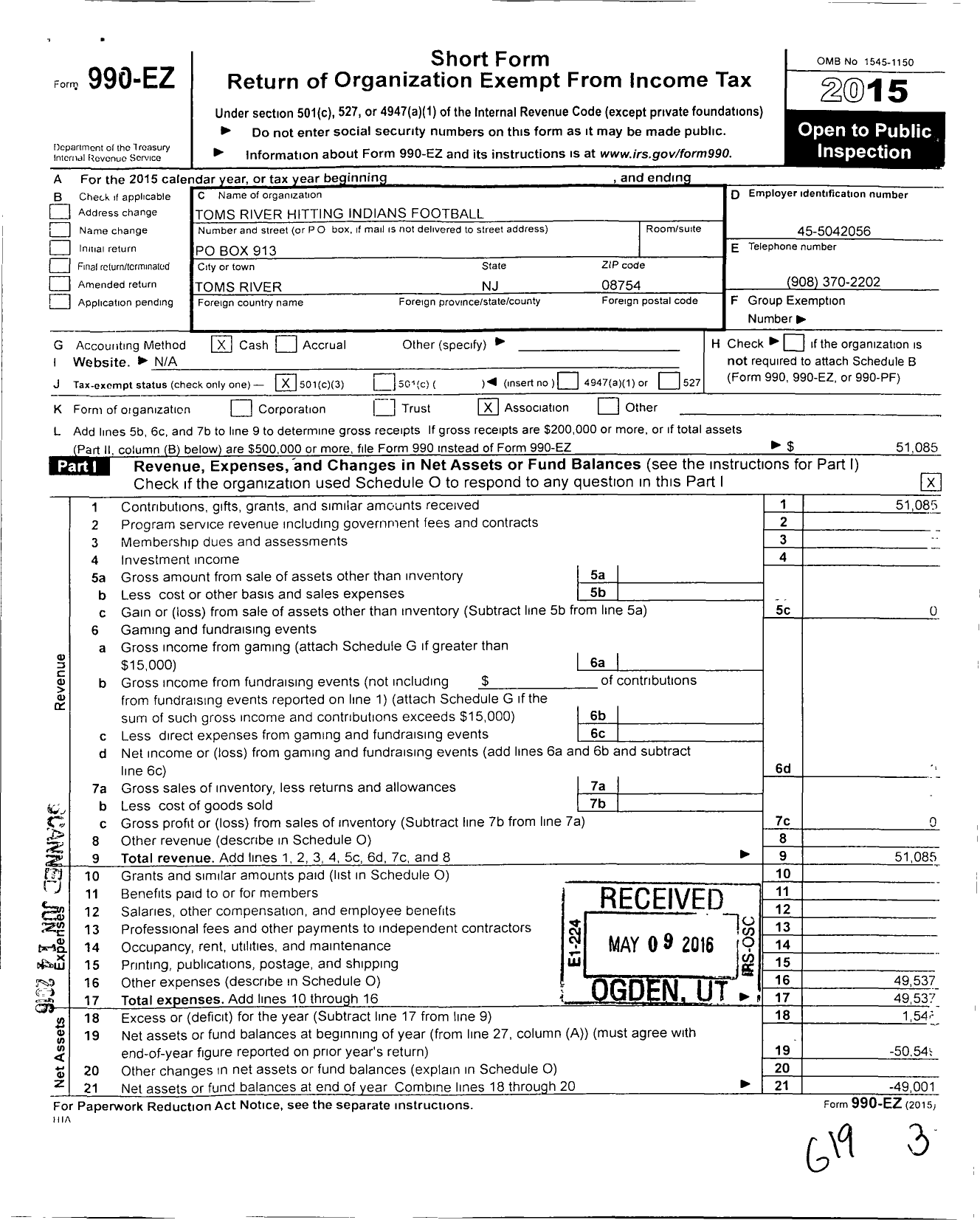 Image of first page of 2015 Form 990EZ for Hitting Indians Football Club