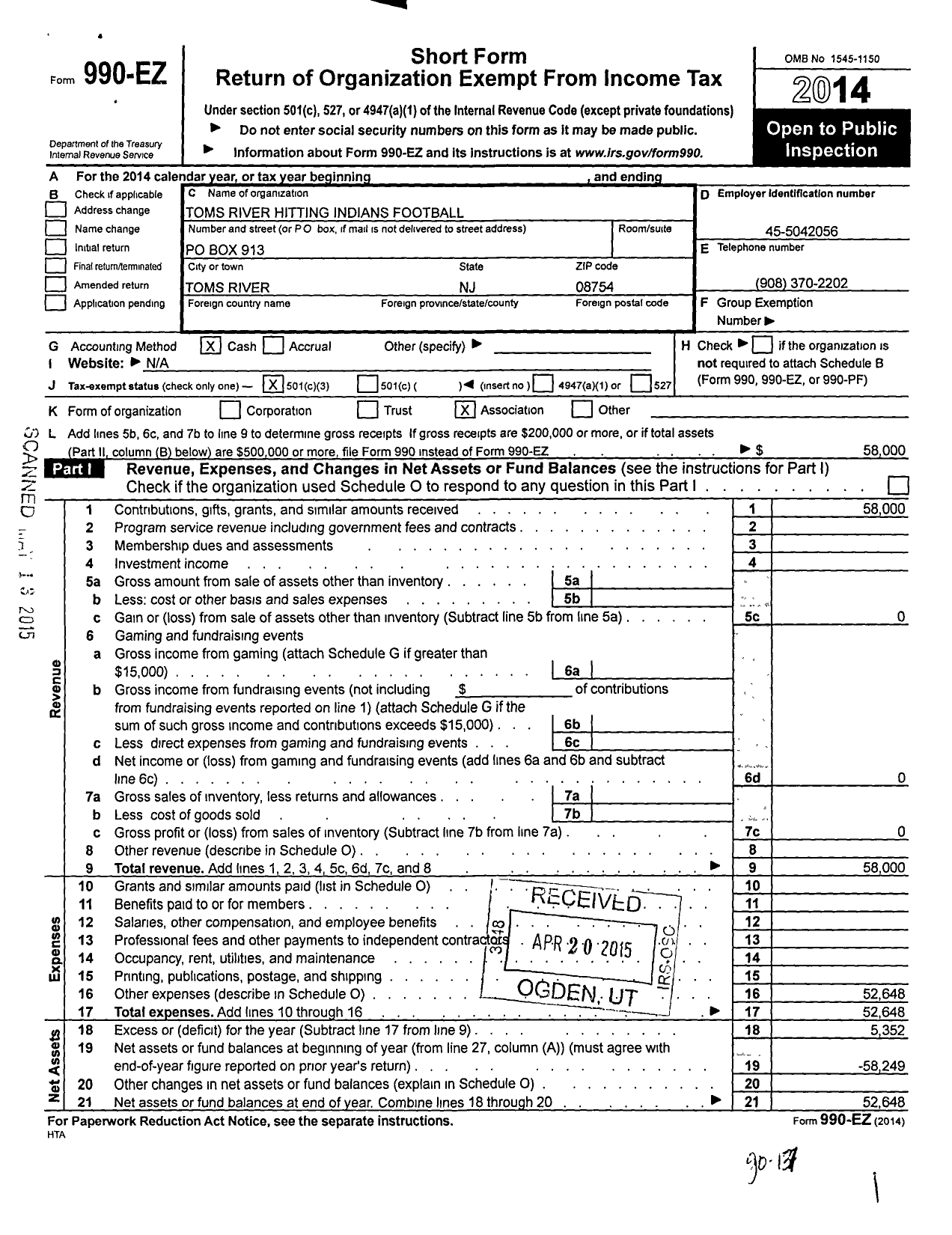 Image of first page of 2014 Form 990EZ for Hitting Indians Football Club