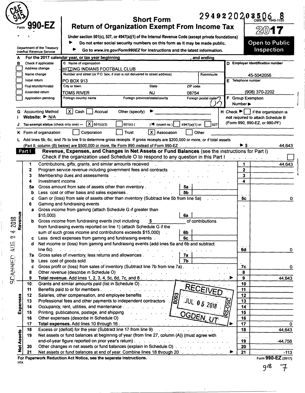 Image of first page of 2017 Form 990EZ for Hitting Indians Football Club