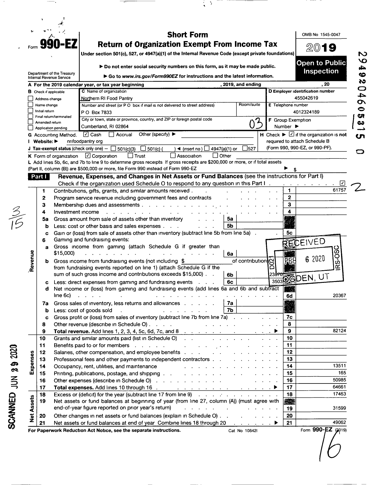 Image of first page of 2019 Form 990EZ for Northern RI Food Pantry