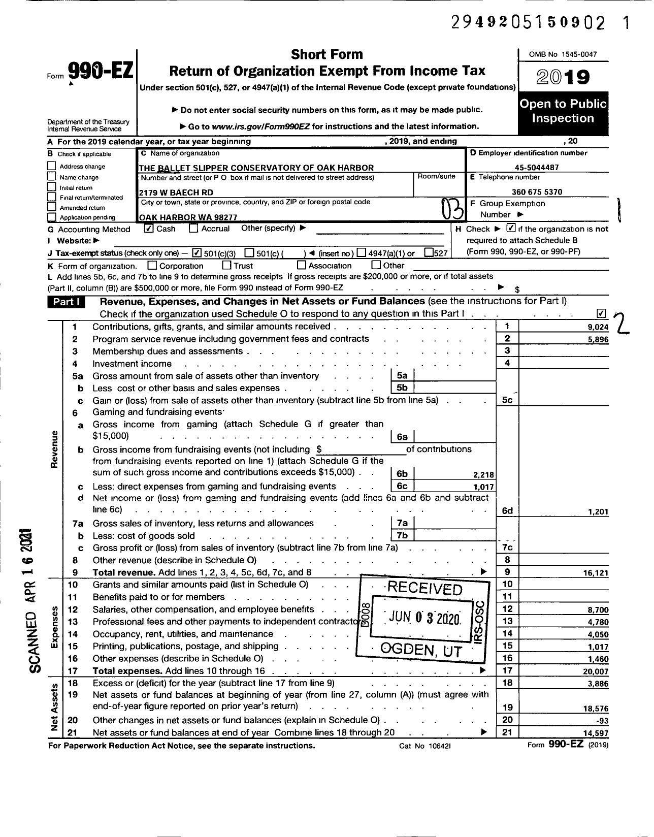 Image of first page of 2019 Form 990EZ for Ballet Slipper Conservatory of Oak Harbor