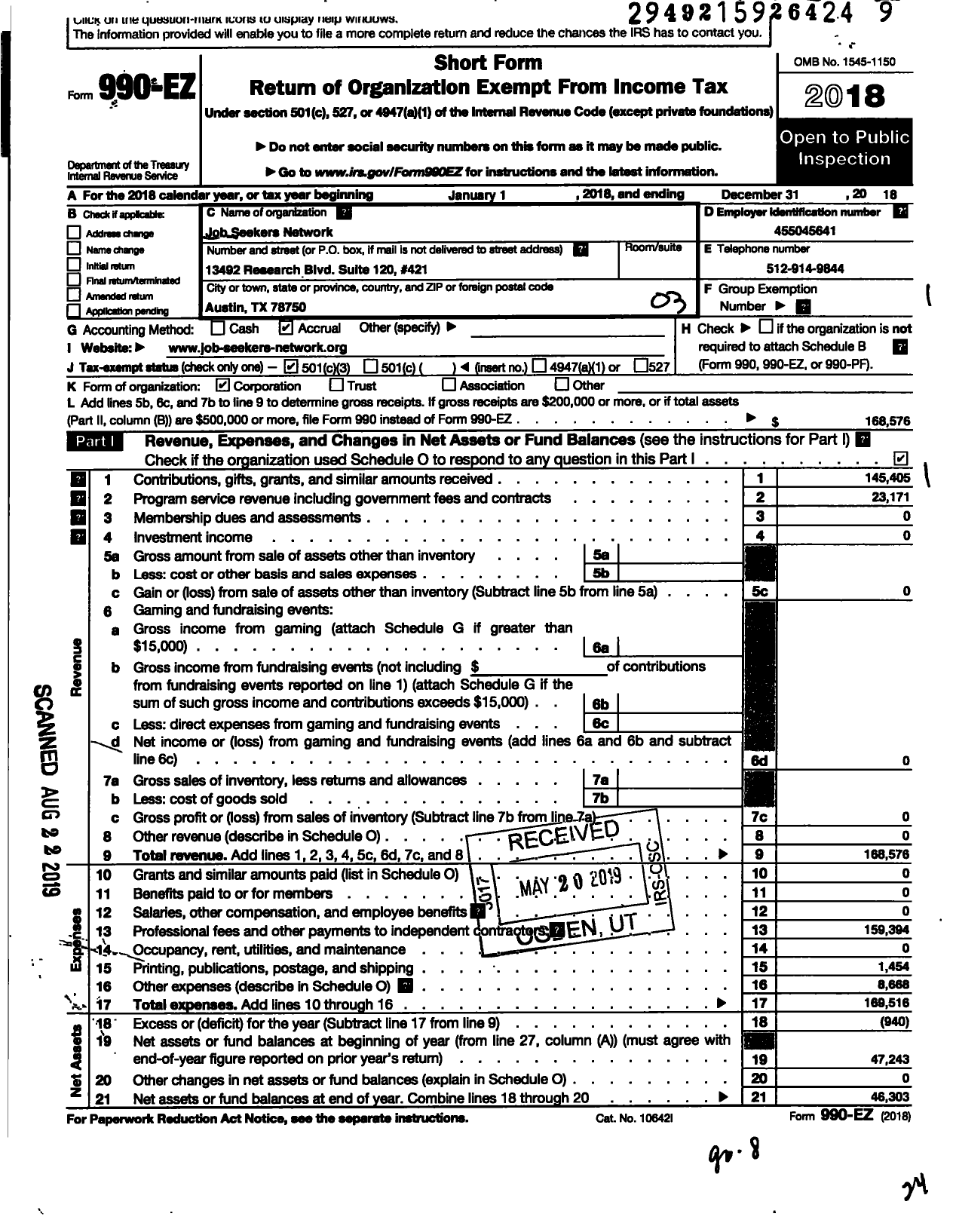 Image of first page of 2018 Form 990EZ for Job Seekers Network
