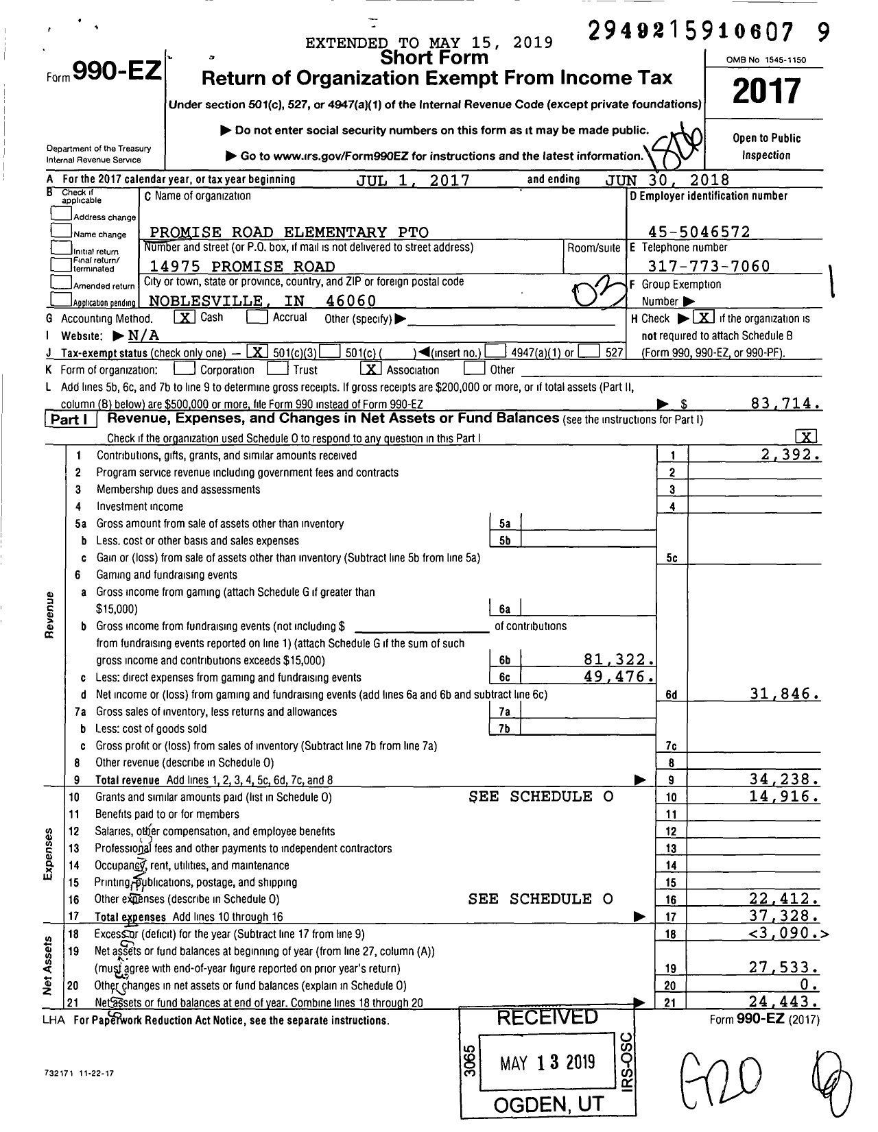 Image of first page of 2017 Form 990EZ for Promise Road Elementary Pto
