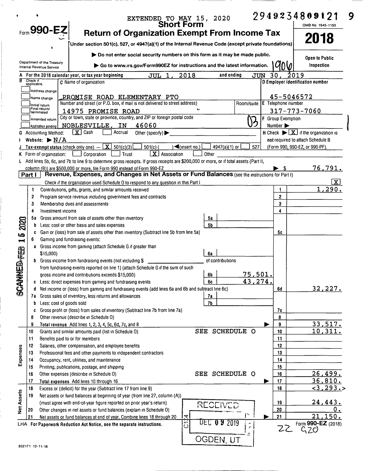Image of first page of 2018 Form 990EZ for Promise Road Elementary Pto