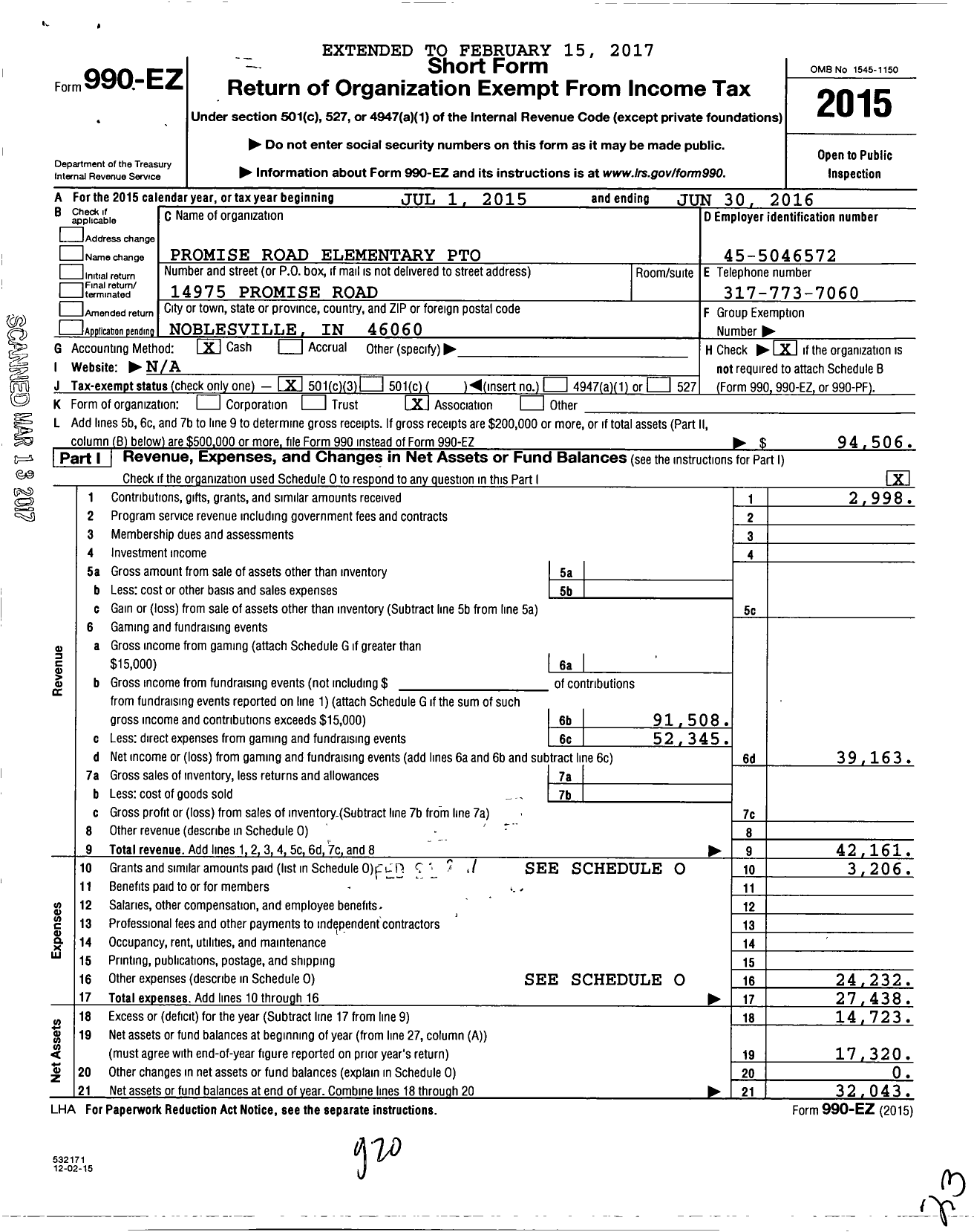 Image of first page of 2015 Form 990EZ for Promise Road Elementary Pto