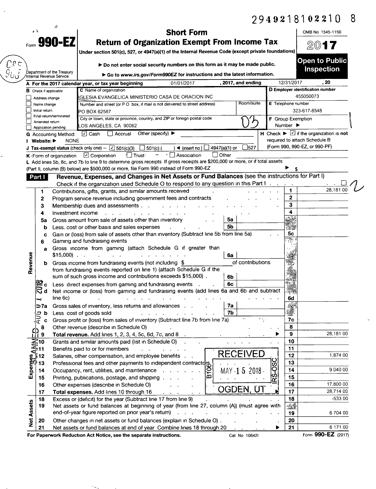 Image of first page of 2017 Form 990EZ for Iglesia Evangelica Ministerio Casa de Oracion