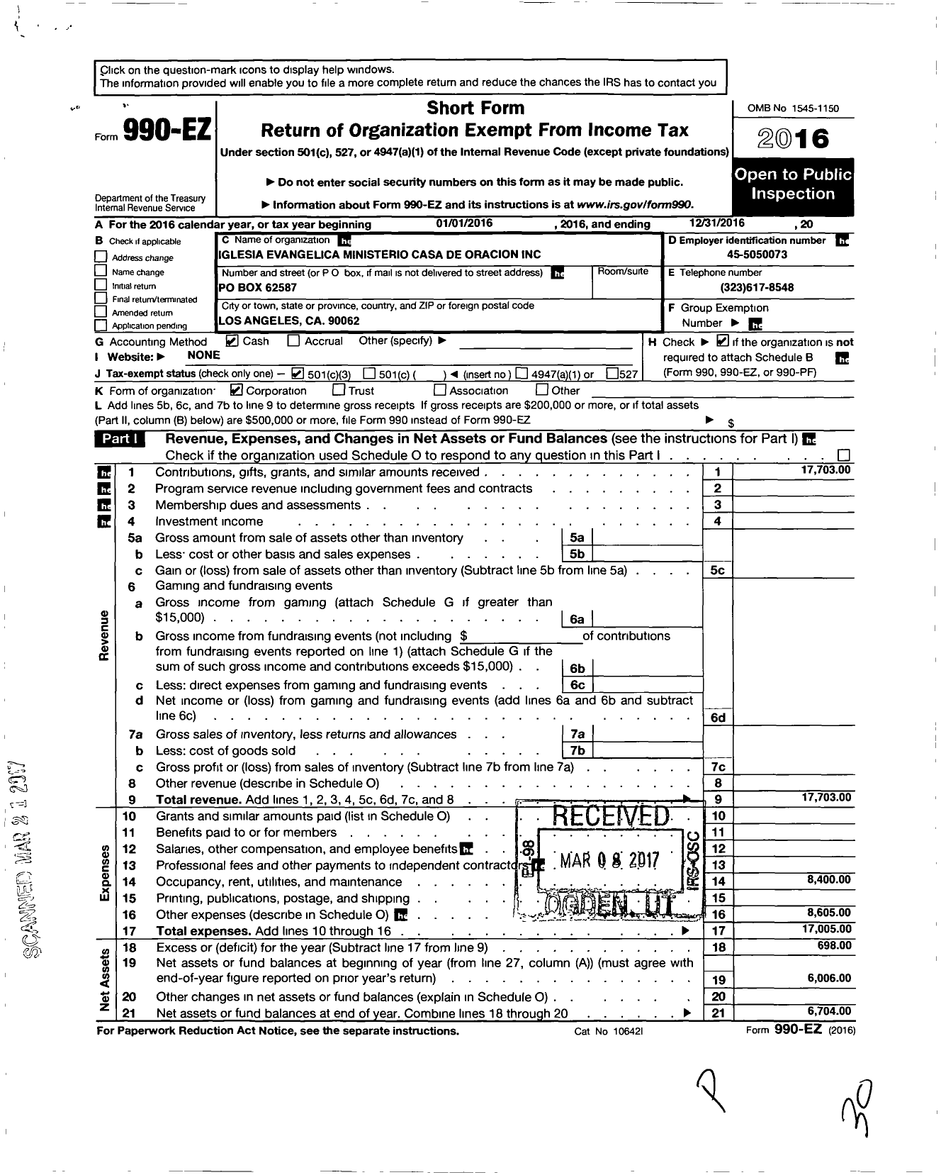 Image of first page of 2016 Form 990EZ for Iglesia Evangelica Ministerio Casa de Oracion