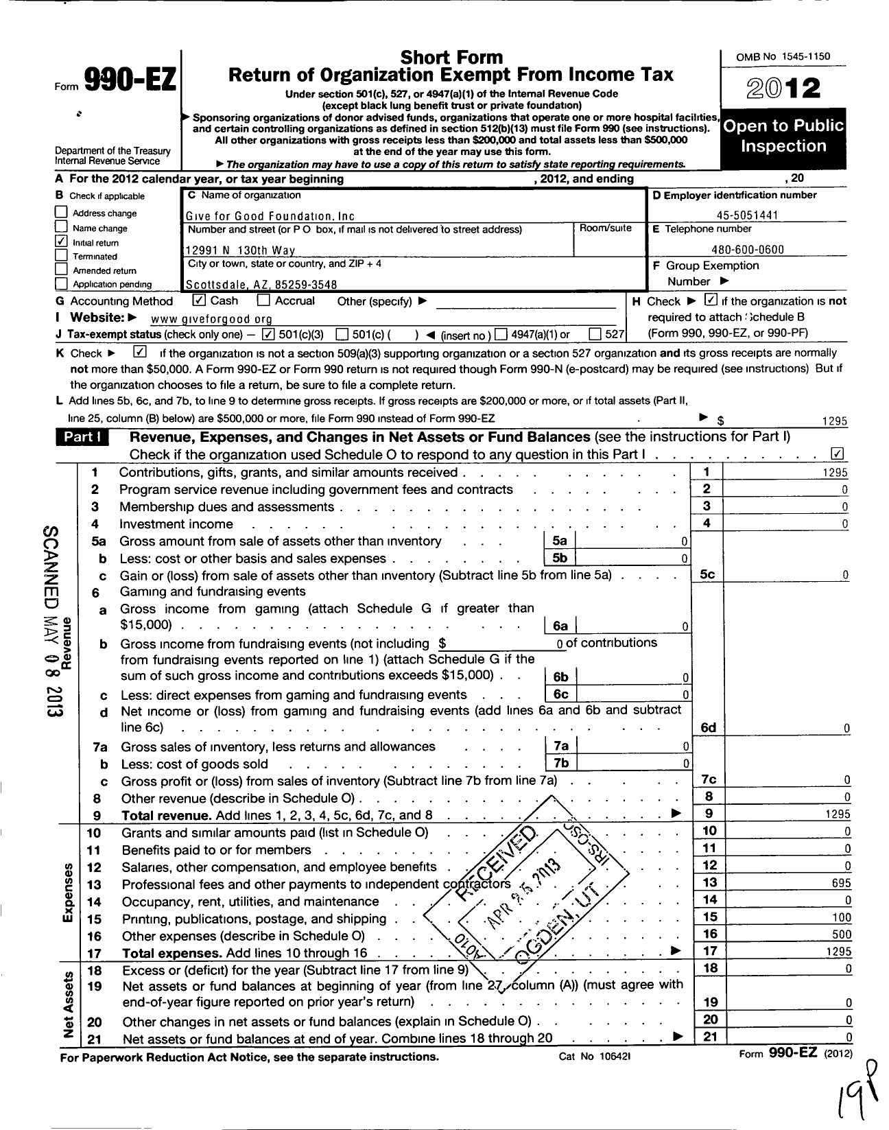 Image of first page of 2012 Form 990EZ for Give For Good Foundation