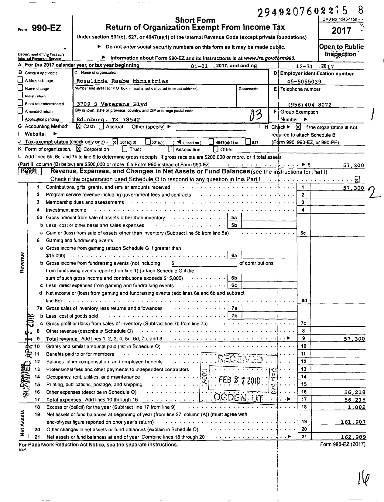 Image of first page of 2017 Form 990EZ for Rosalinda C Raabe Ministries