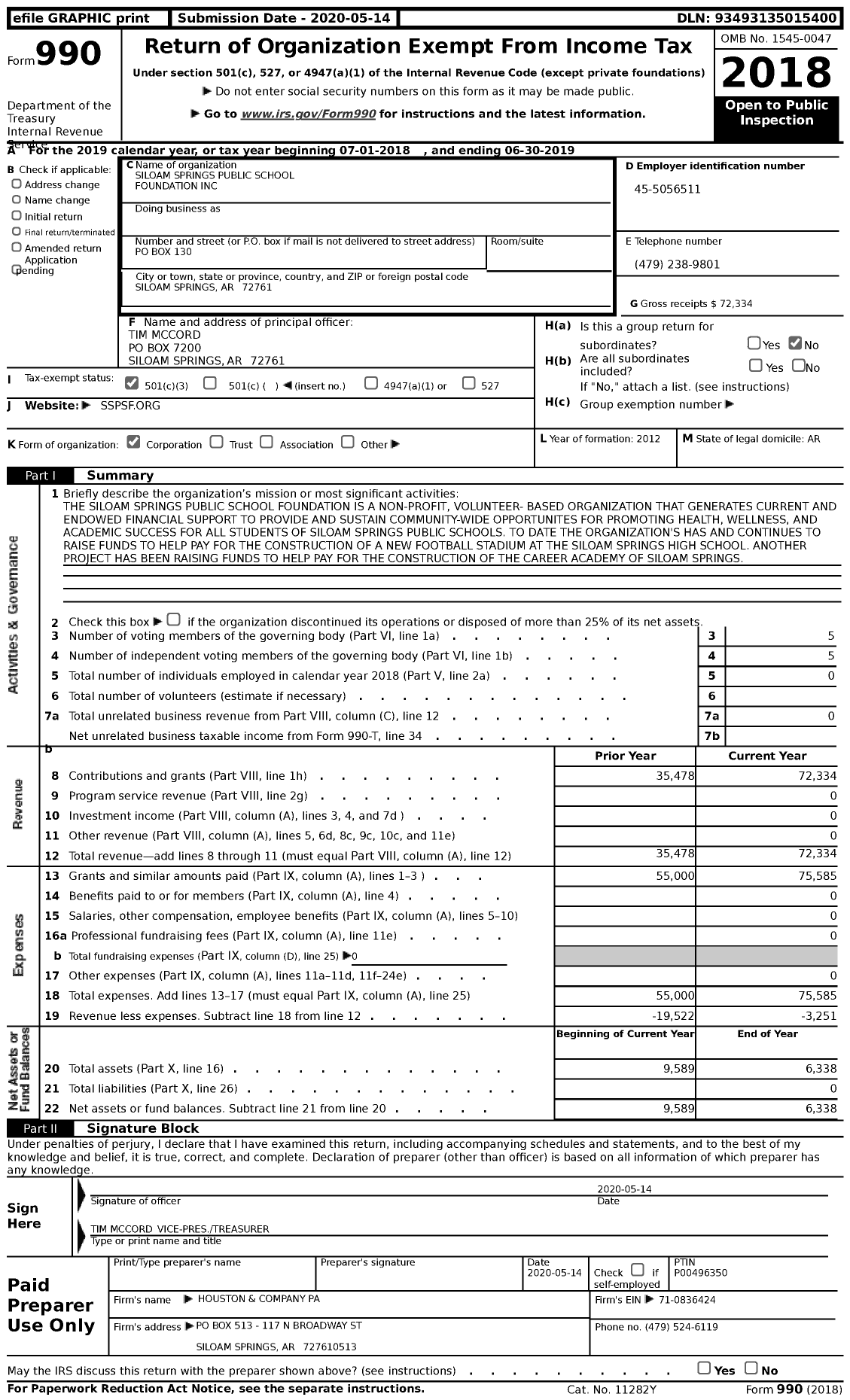 Image of first page of 2018 Form 990 for Siloam Springs Public School Foundation