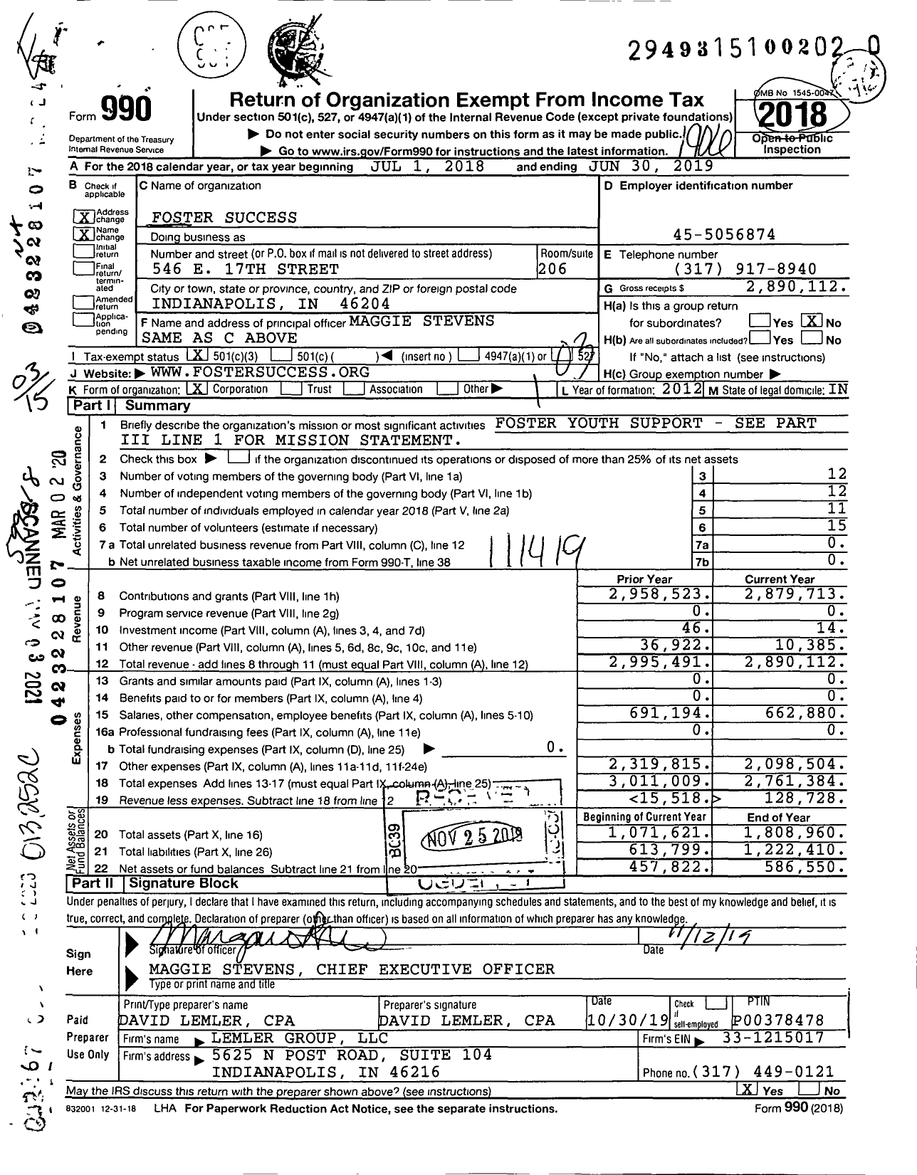 Image of first page of 2018 Form 990 for Foster Success