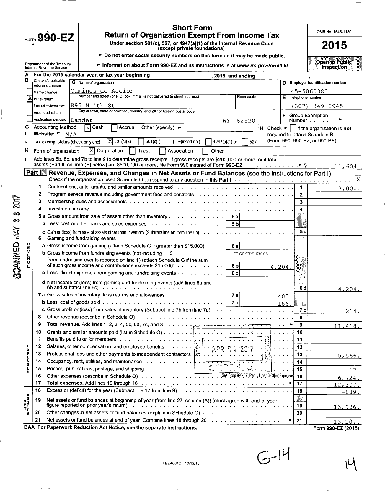 Image of first page of 2015 Form 990EZ for Caminos De Accion