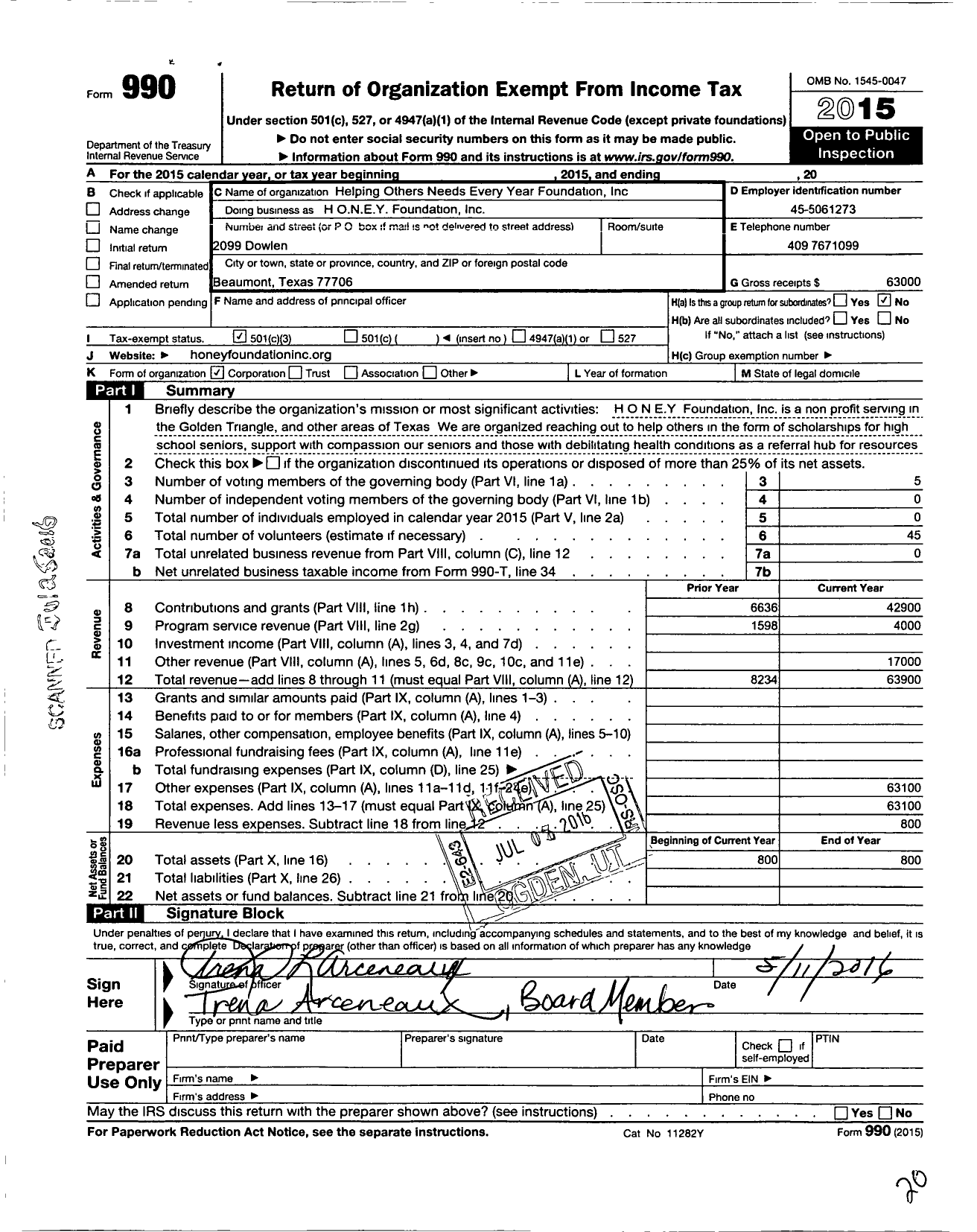 Image of first page of 2015 Form 990 for Helping Others Needs Every Year Foundation