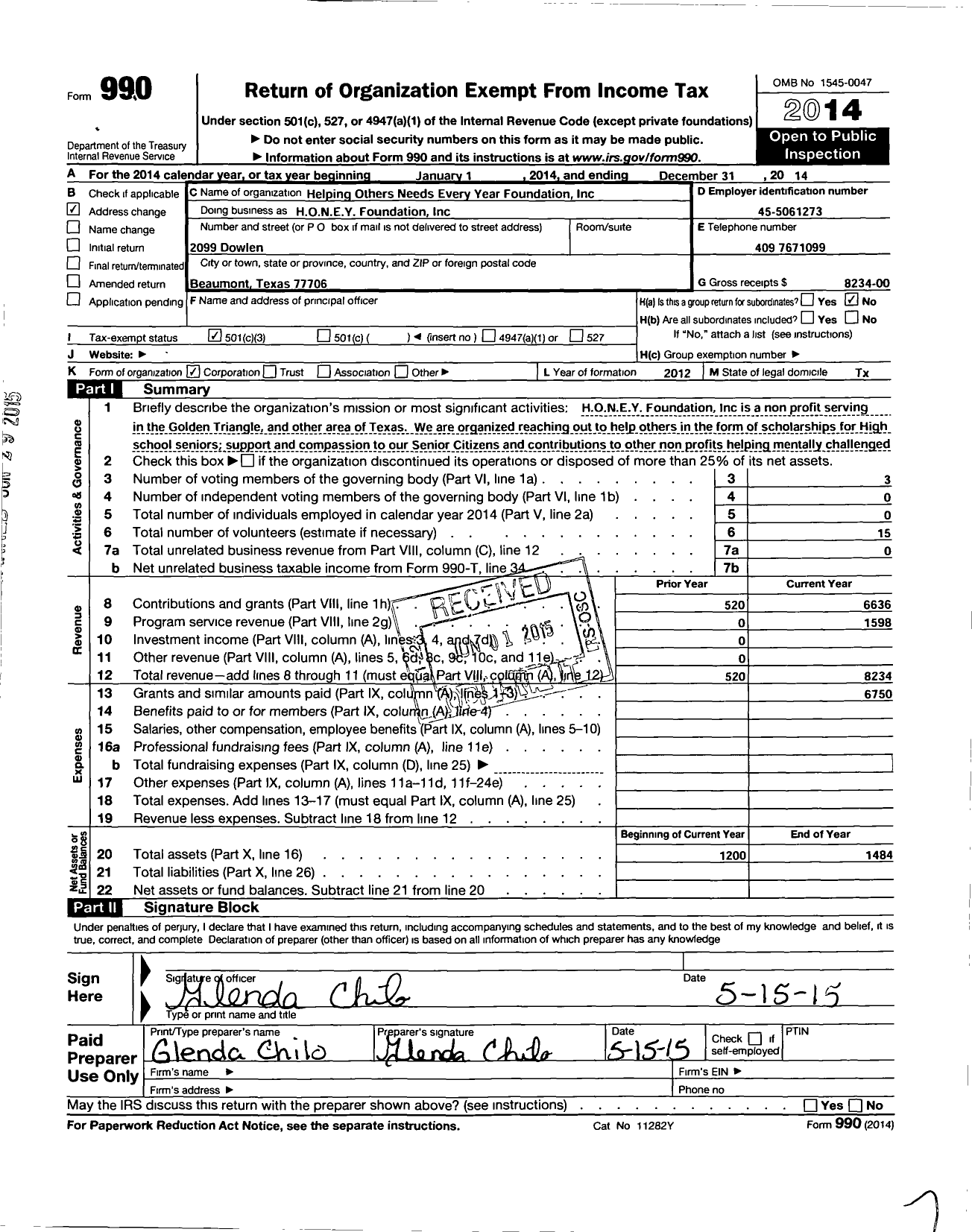 Image of first page of 2014 Form 990 for Helping Others Needs Every Year Foundation