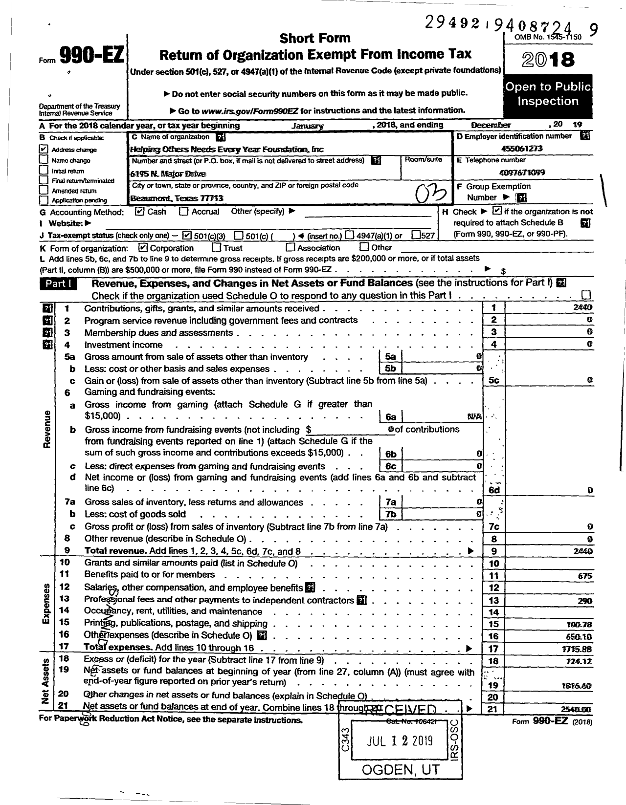 Image of first page of 2019 Form 990EZ for Helping Others Needs Every Year Foundation