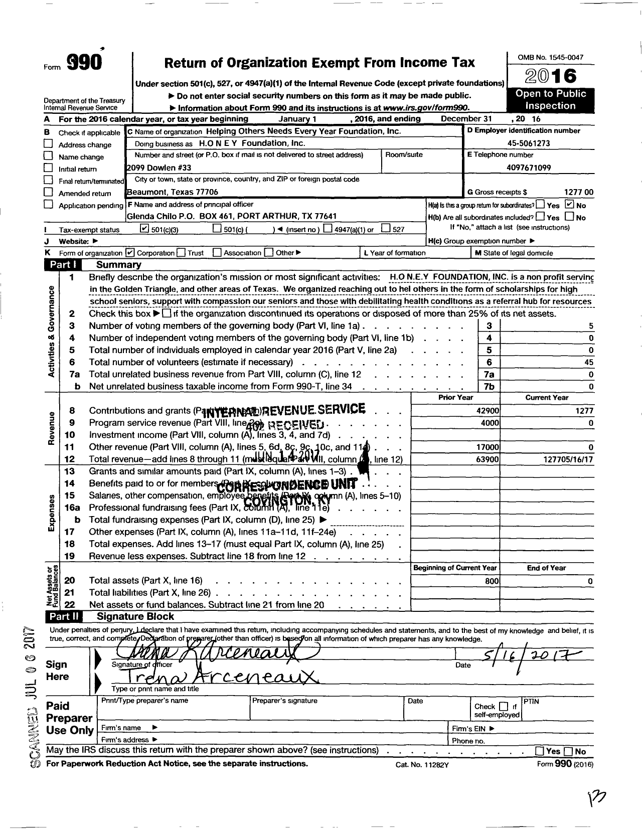 Image of first page of 2016 Form 990 for Helping Others Needs Every Year Foundation