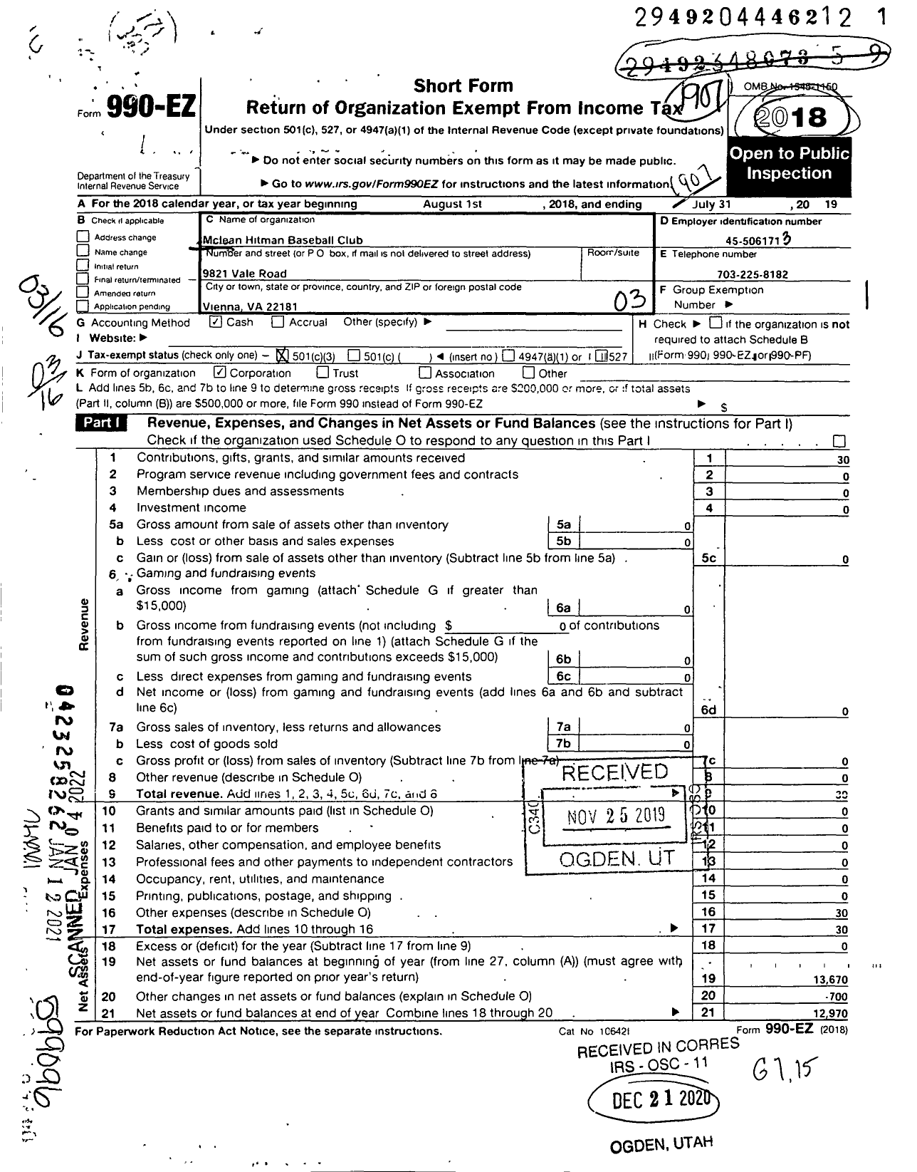 Image of first page of 2018 Form 990EZ for Mclean Hitmen Baseball Organization