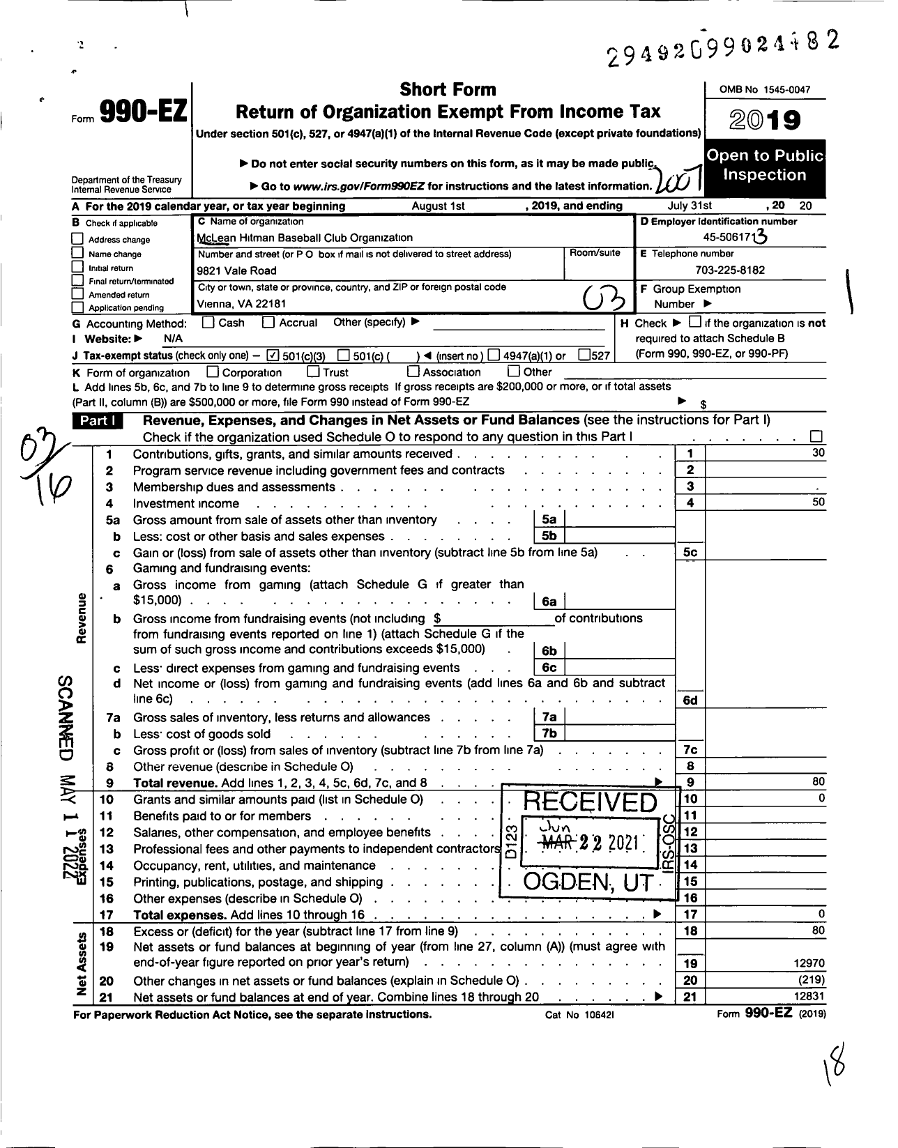 Image of first page of 2019 Form 990EZ for Mclean Hitmen Baseball Organization