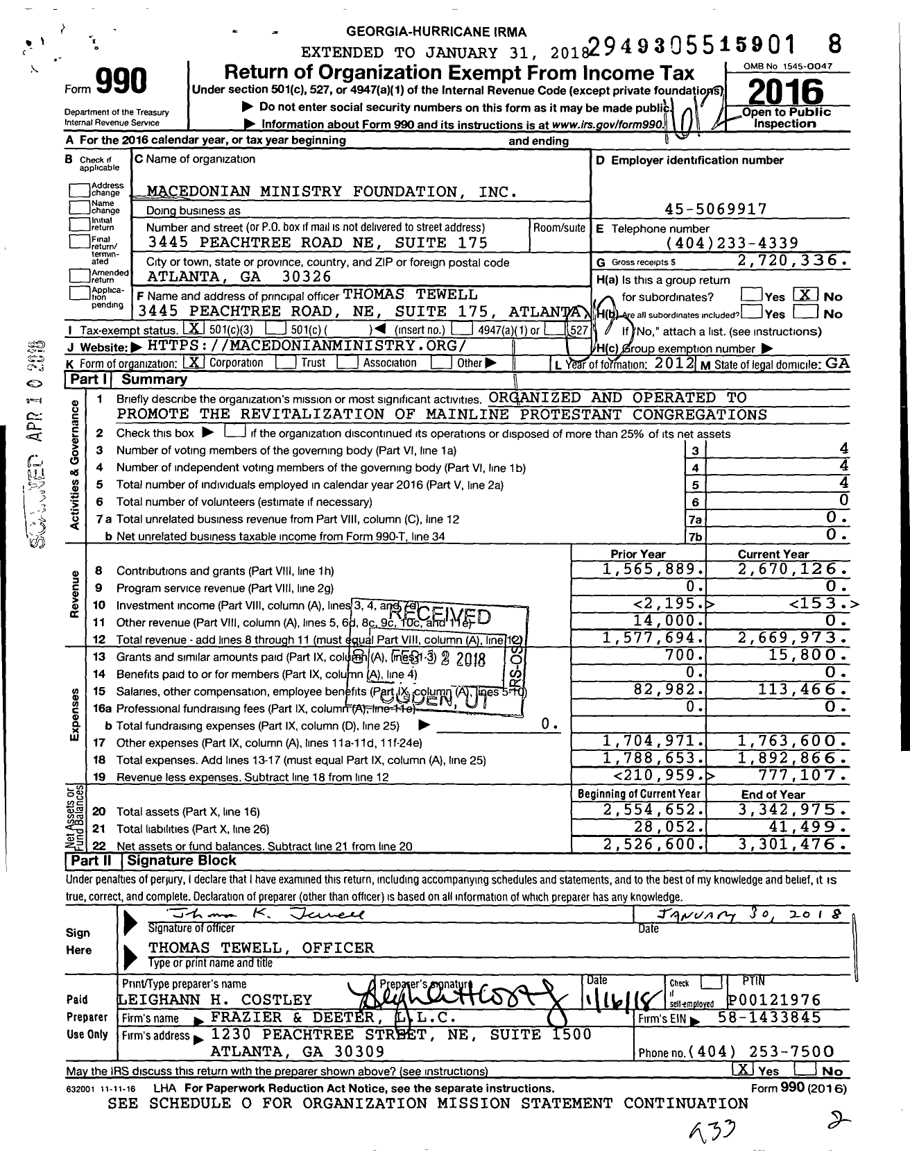 Image of first page of 2016 Form 990 for Macedonian Ministry Foundation