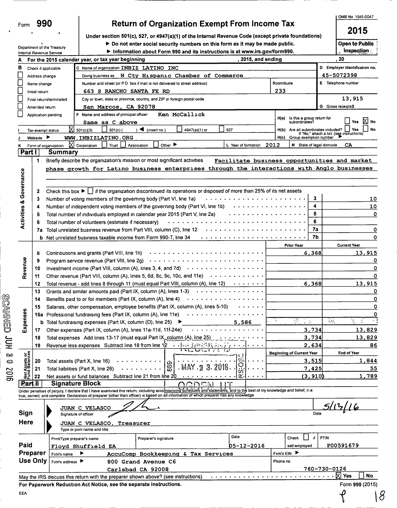 Image of first page of 2015 Form 990 for Inbiz Biz Latino