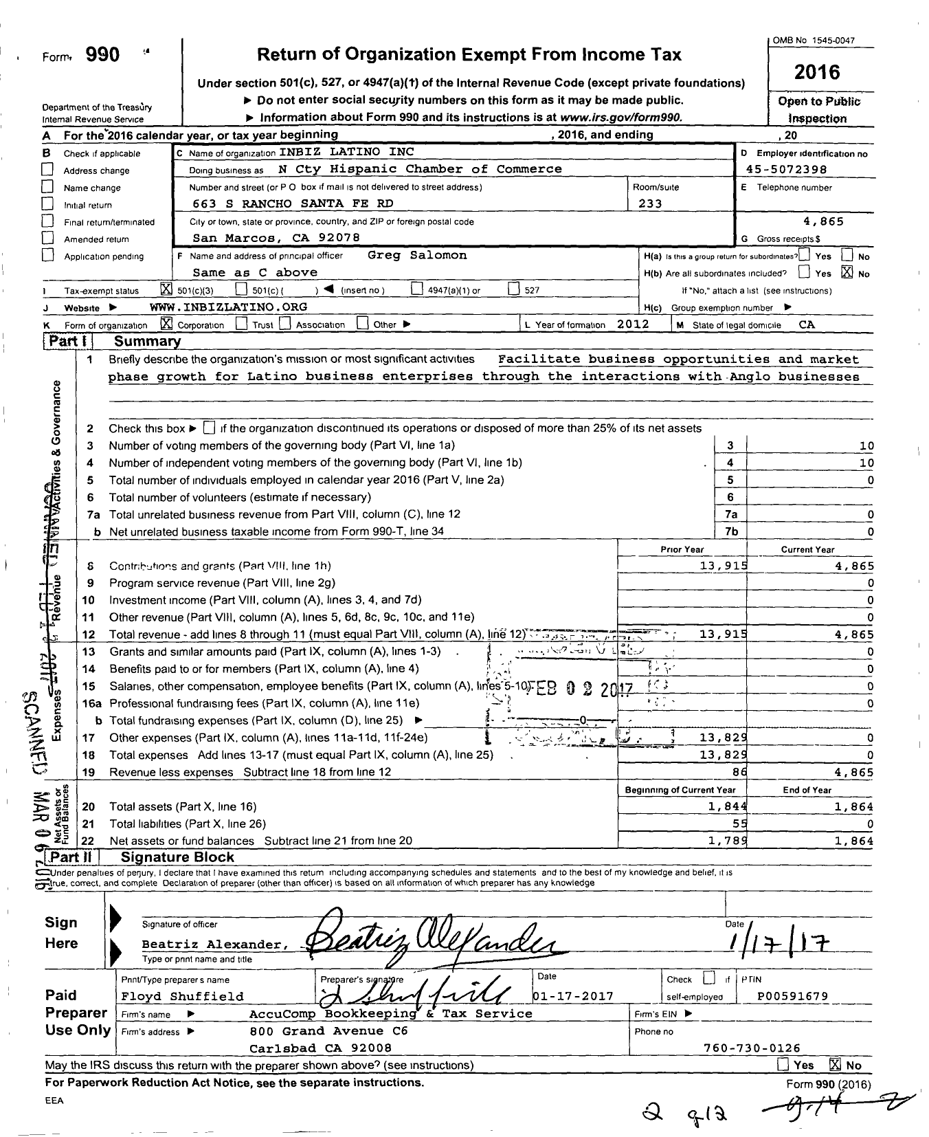 Image of first page of 2016 Form 990 for Inbiz Biz Latino