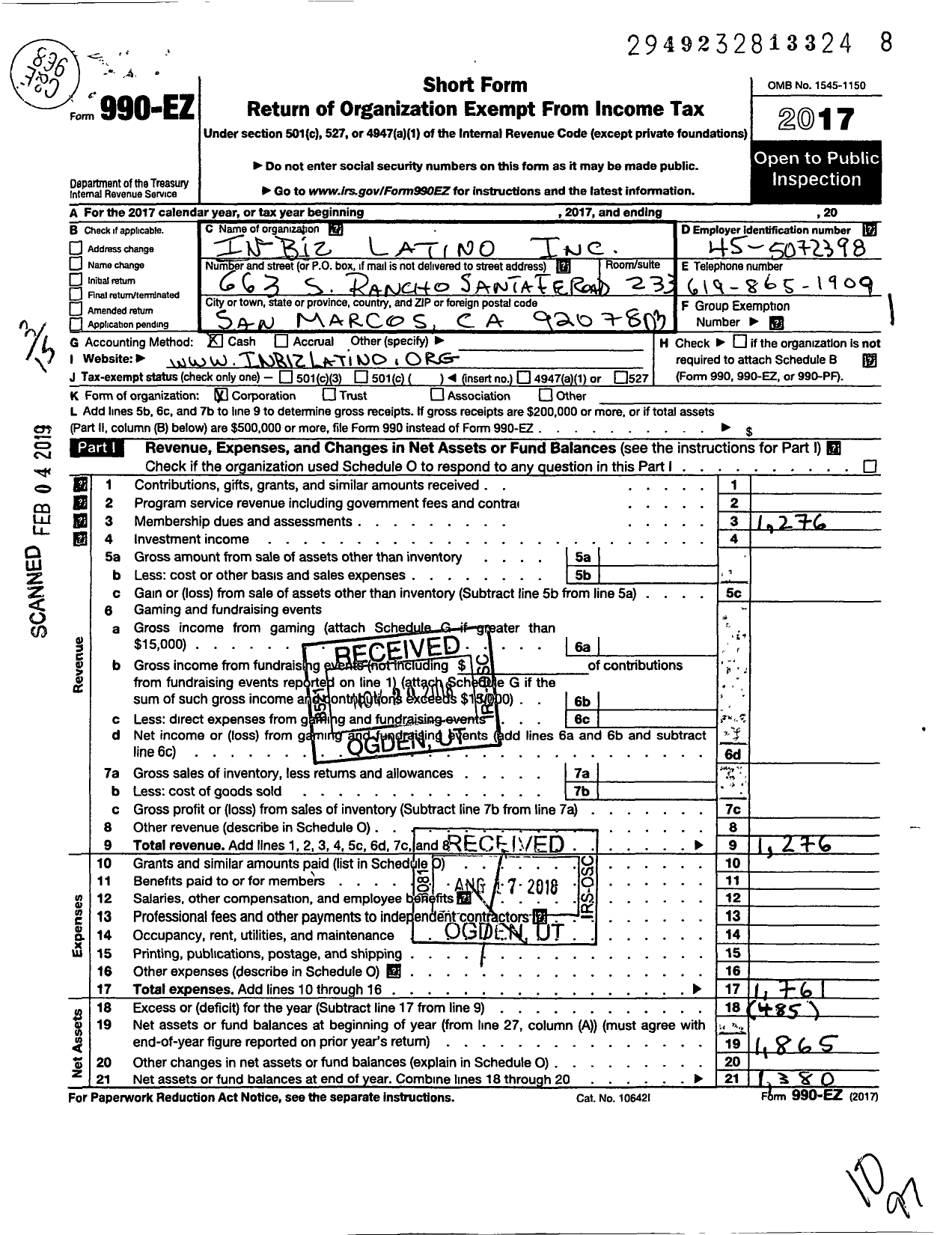 Image of first page of 2017 Form 990EZ for Inbiz Biz Latino