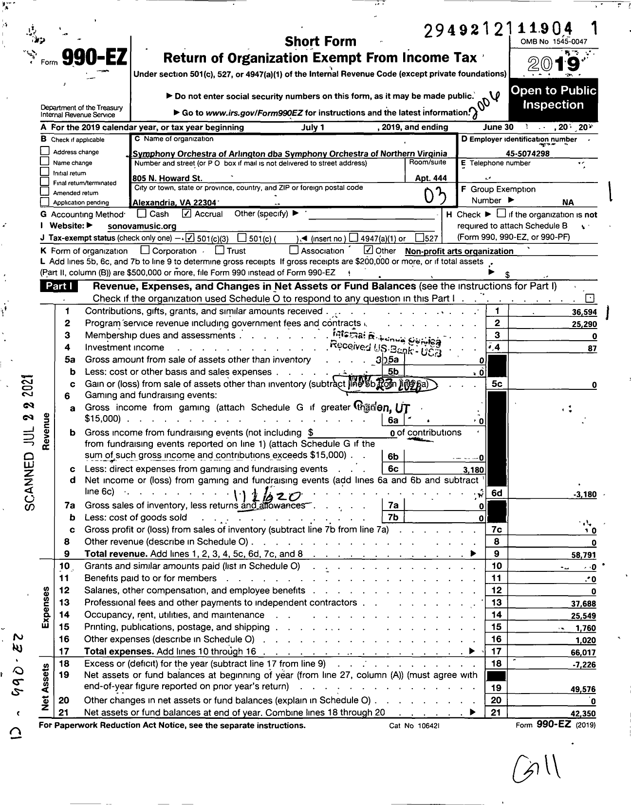 Image of first page of 2019 Form 990EZ for SYMPHONY ORCHESTRA OF NORTHERN vIRGINIA