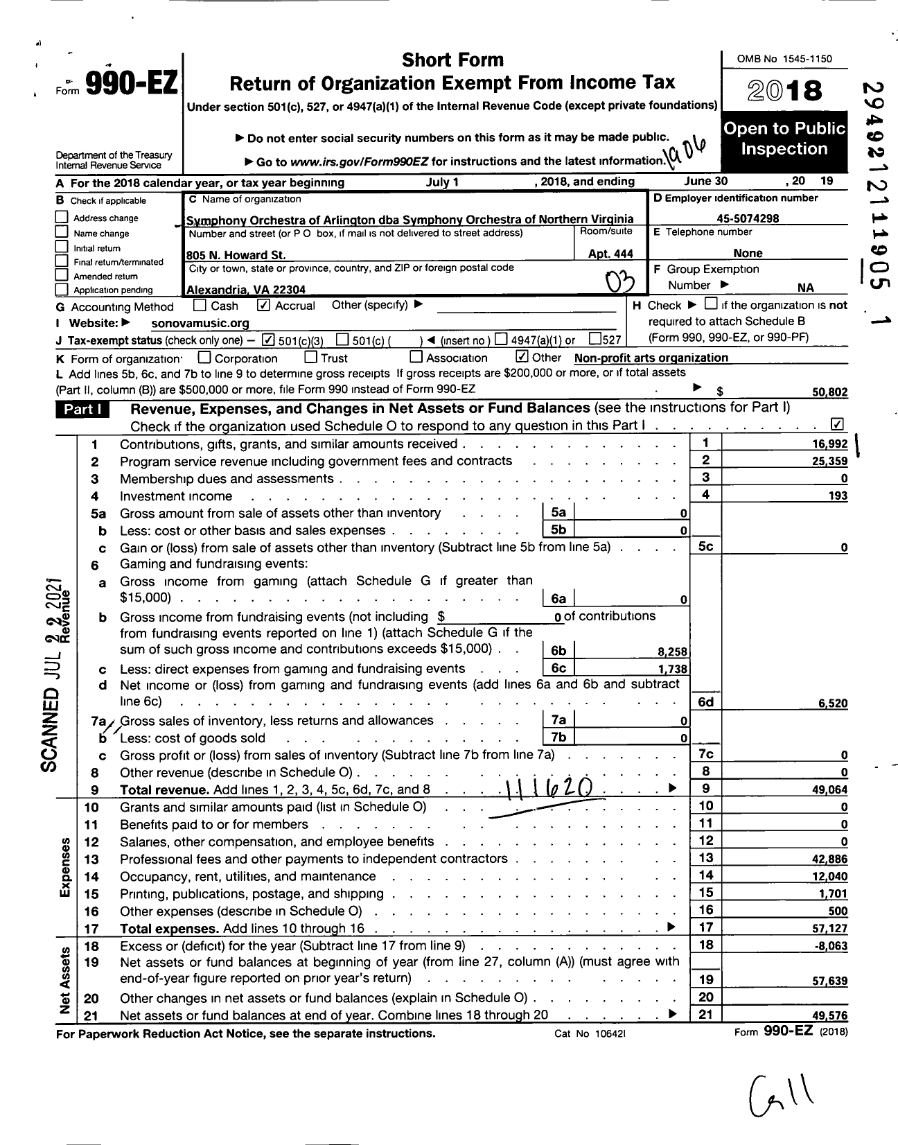 Image of first page of 2018 Form 990EZ for SYMPHONY ORCHESTRA OF NORTHERN vIRGINIA