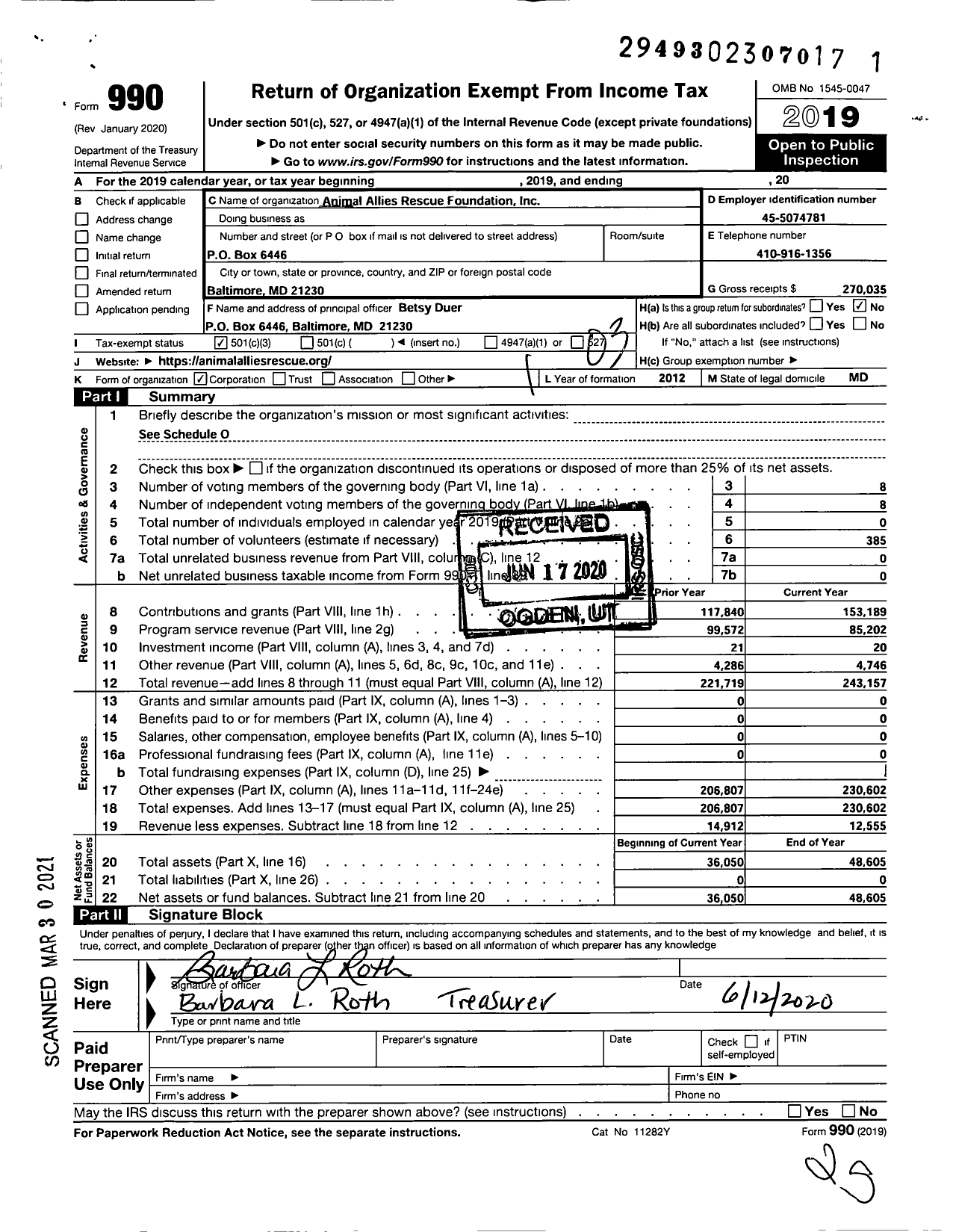 Image of first page of 2019 Form 990 for Animal Allies Rescue Foundation