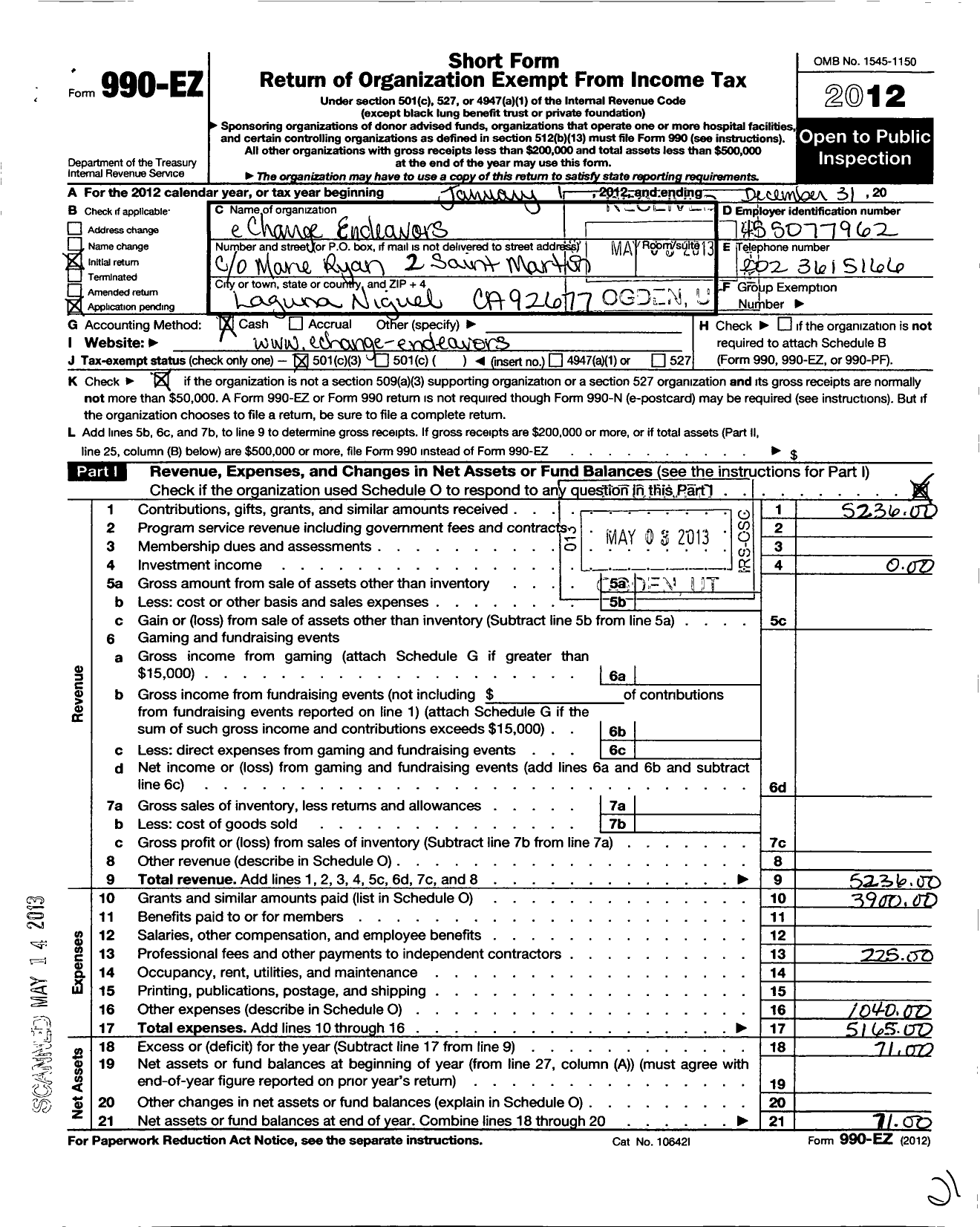 Image of first page of 2012 Form 990EZ for Echange Endeavors