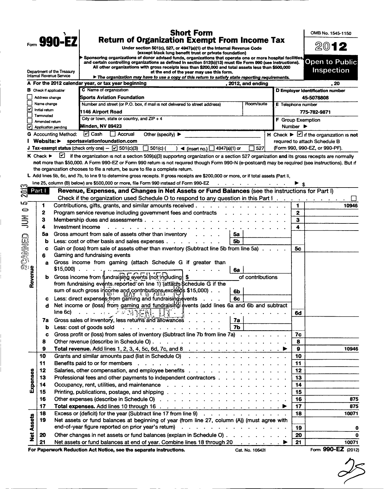 Image of first page of 2012 Form 990EZ for Sports Aviation Foundation