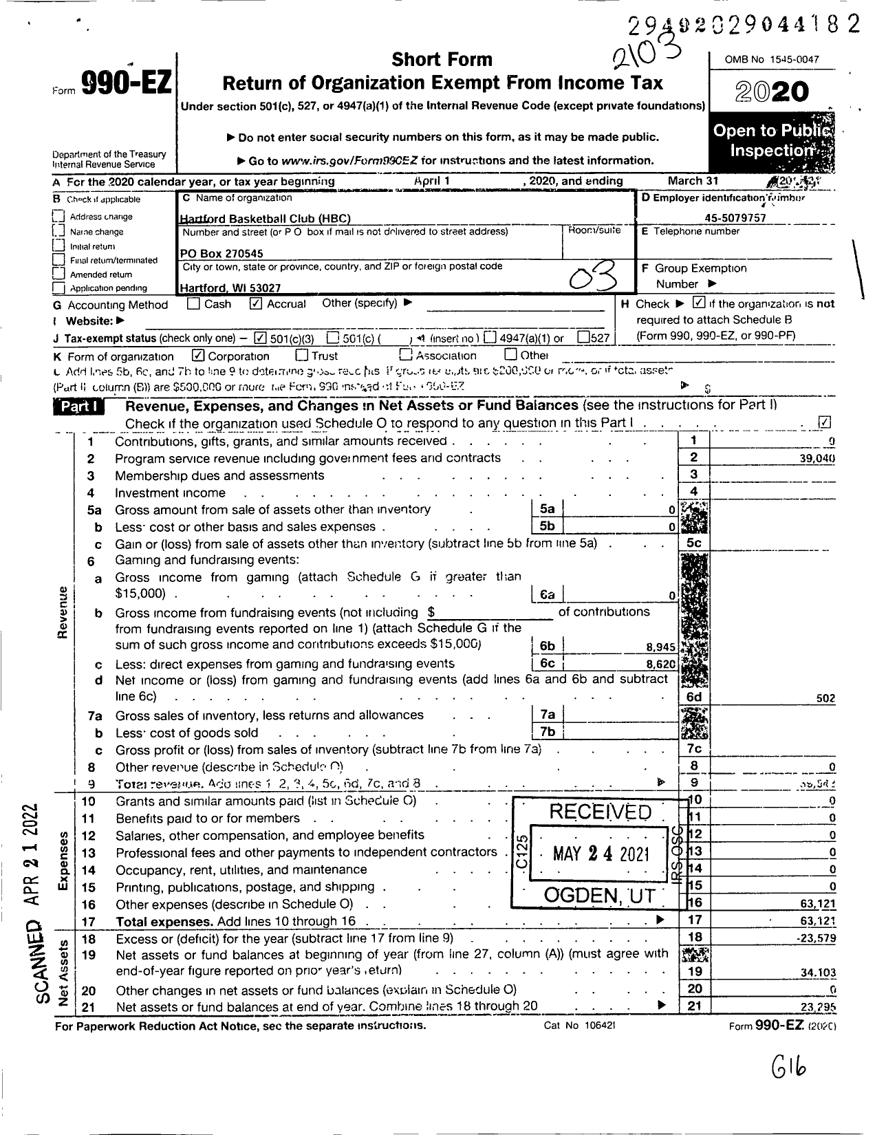 Image of first page of 2020 Form 990EZ for Hartford Basketball Club