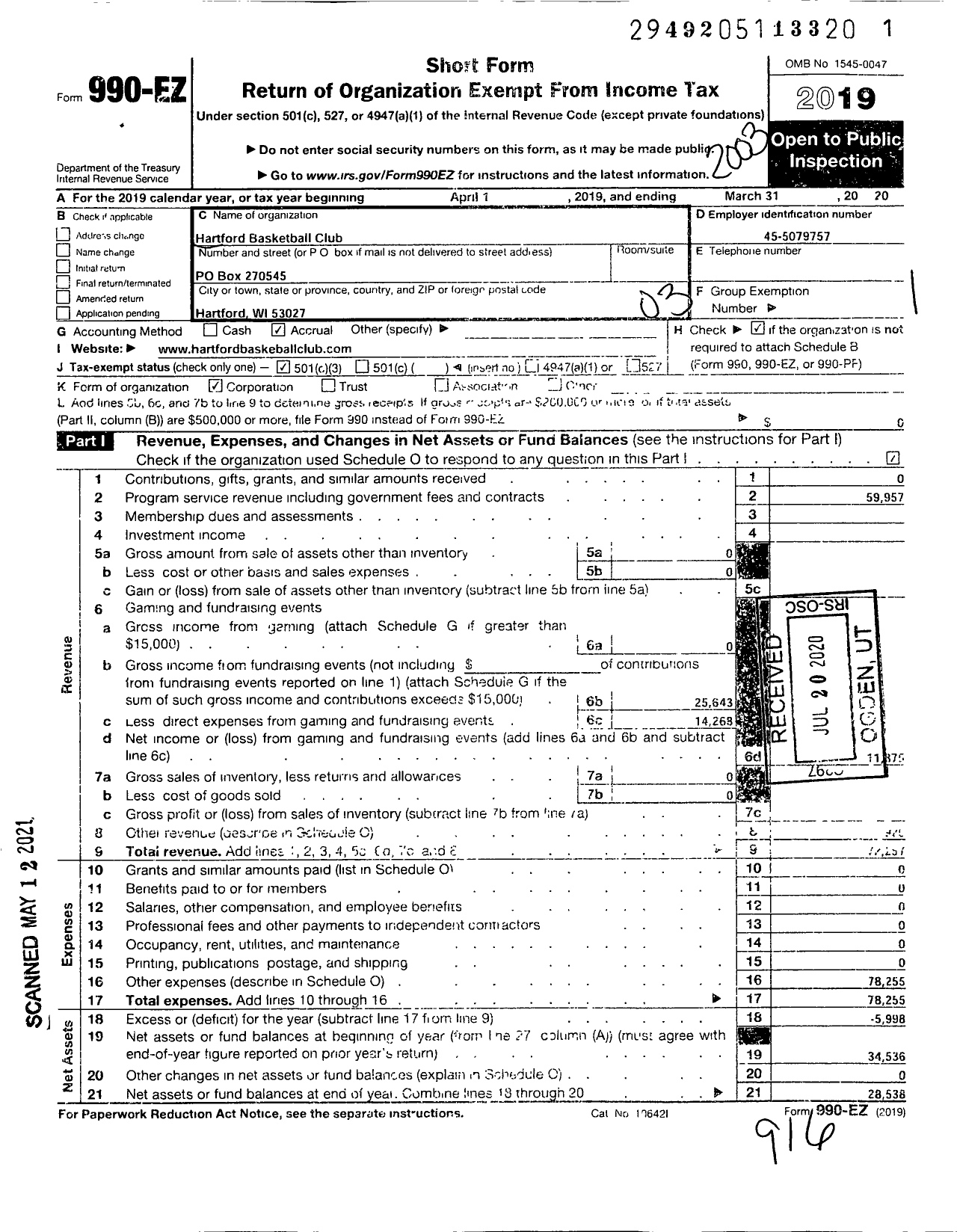 Image of first page of 2019 Form 990EZ for Hartford Basketball Club