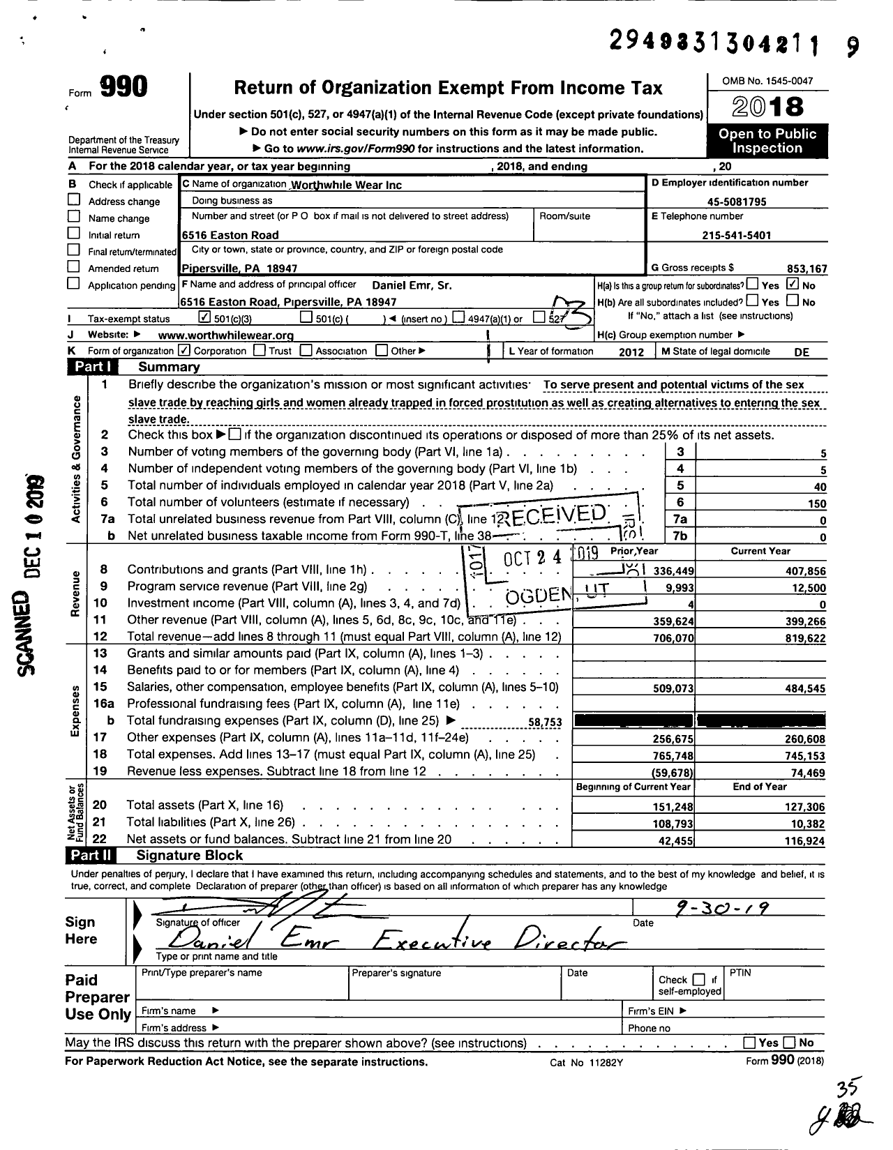 Image of first page of 2018 Form 990 for Worthwhile Wear