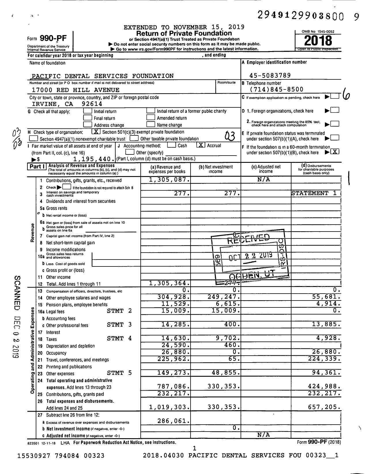 Image of first page of 2018 Form 990PF for Pacific Dental Services Foundation