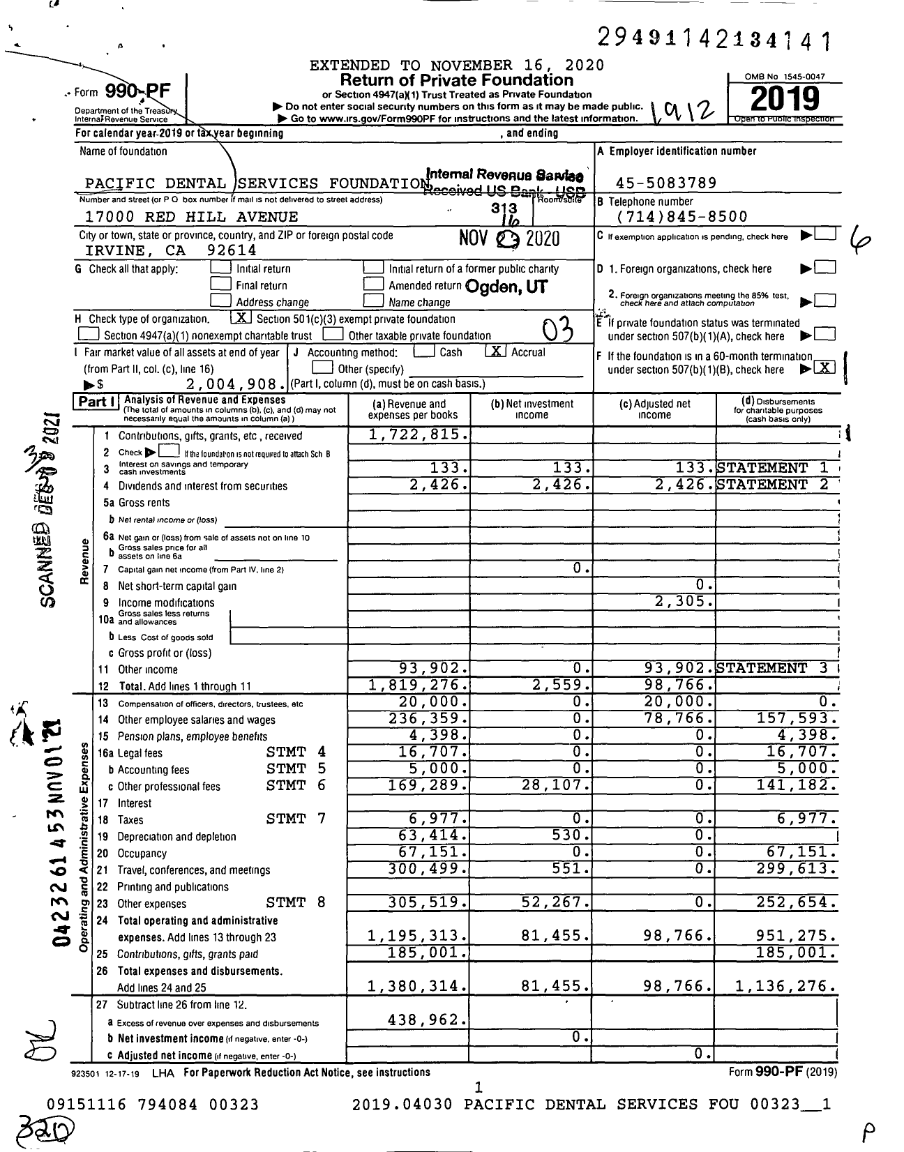 Image of first page of 2019 Form 990PF for Pacific Dental Services Foundation