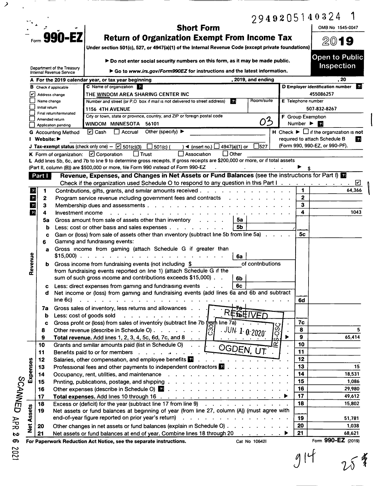 Image of first page of 2019 Form 990EZ for The Windom Area Sharing Center