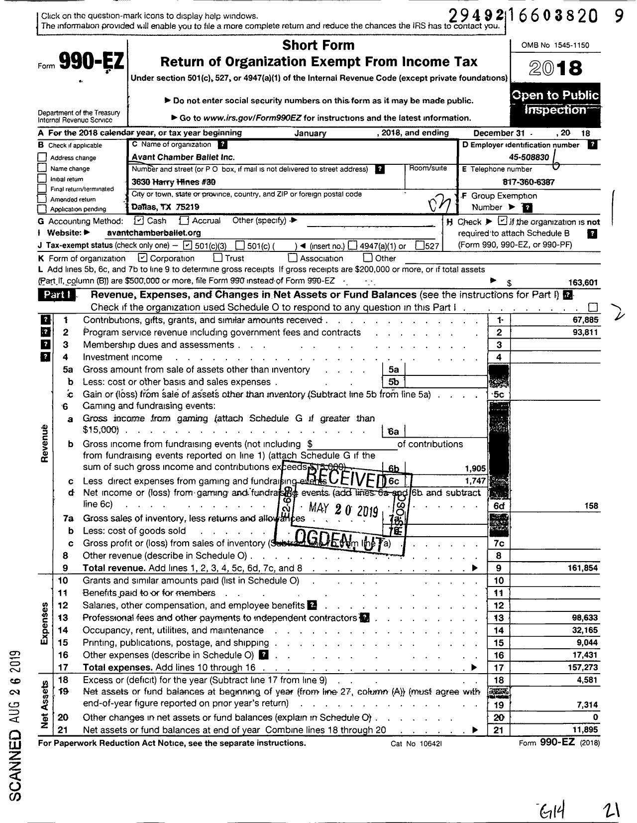 Image of first page of 2018 Form 990EZ for Avant Chamber Ballet