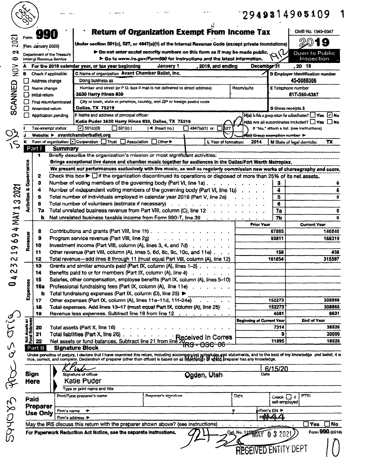 Image of first page of 2019 Form 990 for Avant Chamber Ballet