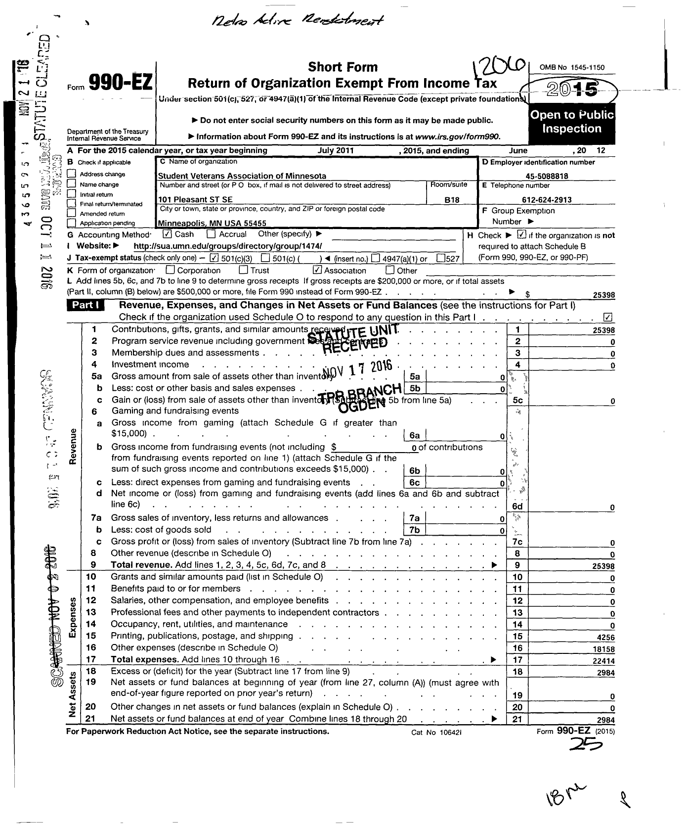 Image of first page of 2011 Form 990EZ for Student Veterans Association of Minnesota