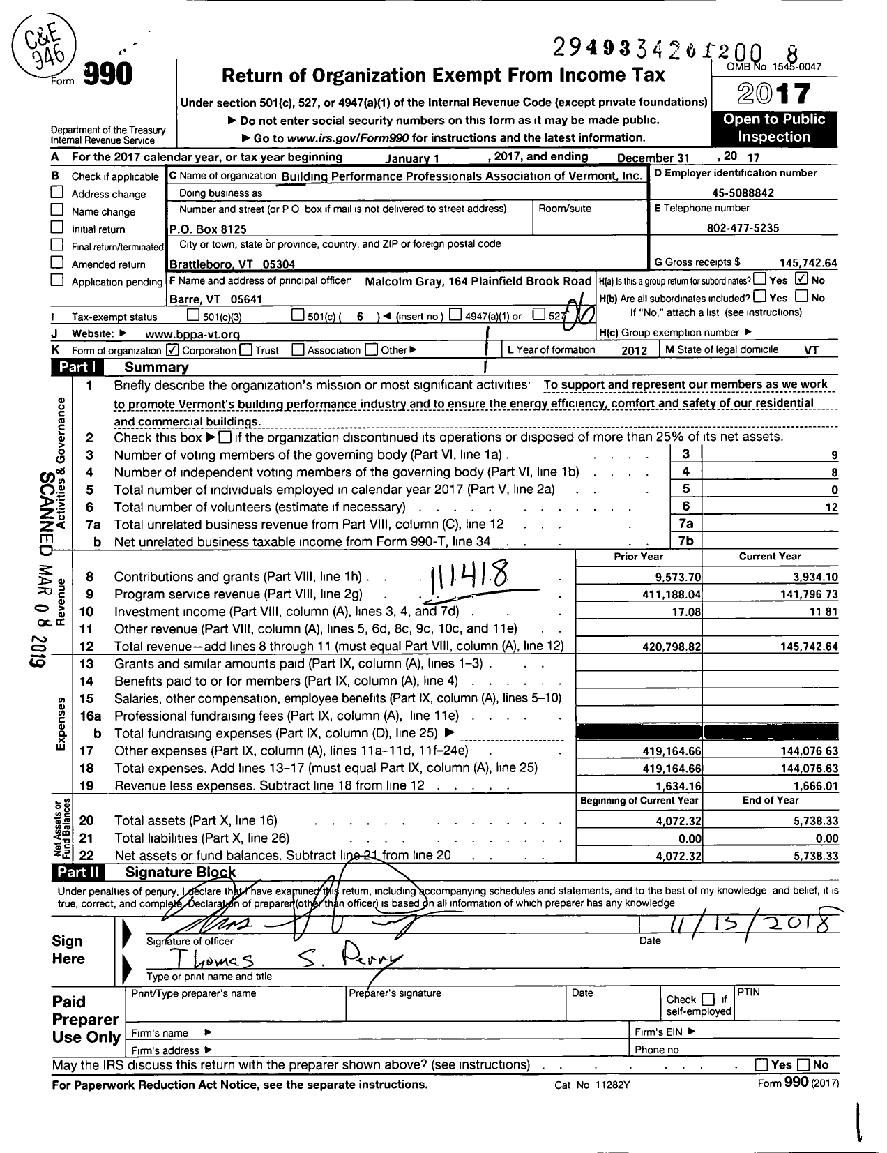 Image of first page of 2017 Form 990O for Building Performance Contractors Association of Vermont