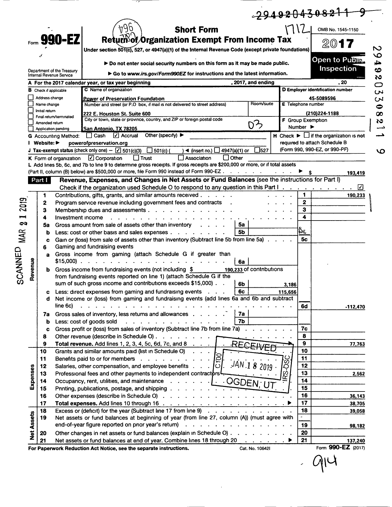 Image of first page of 2017 Form 990EZ for Power of Preservation Foundation