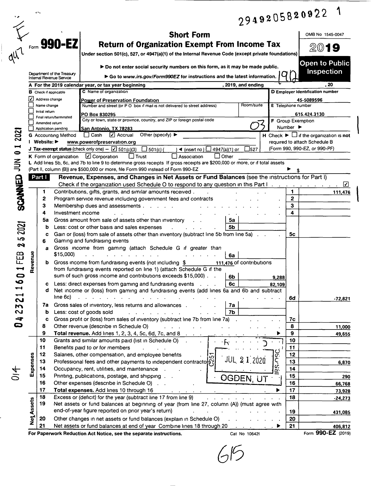 Image of first page of 2019 Form 990EZ for Power of Preservation Foundation