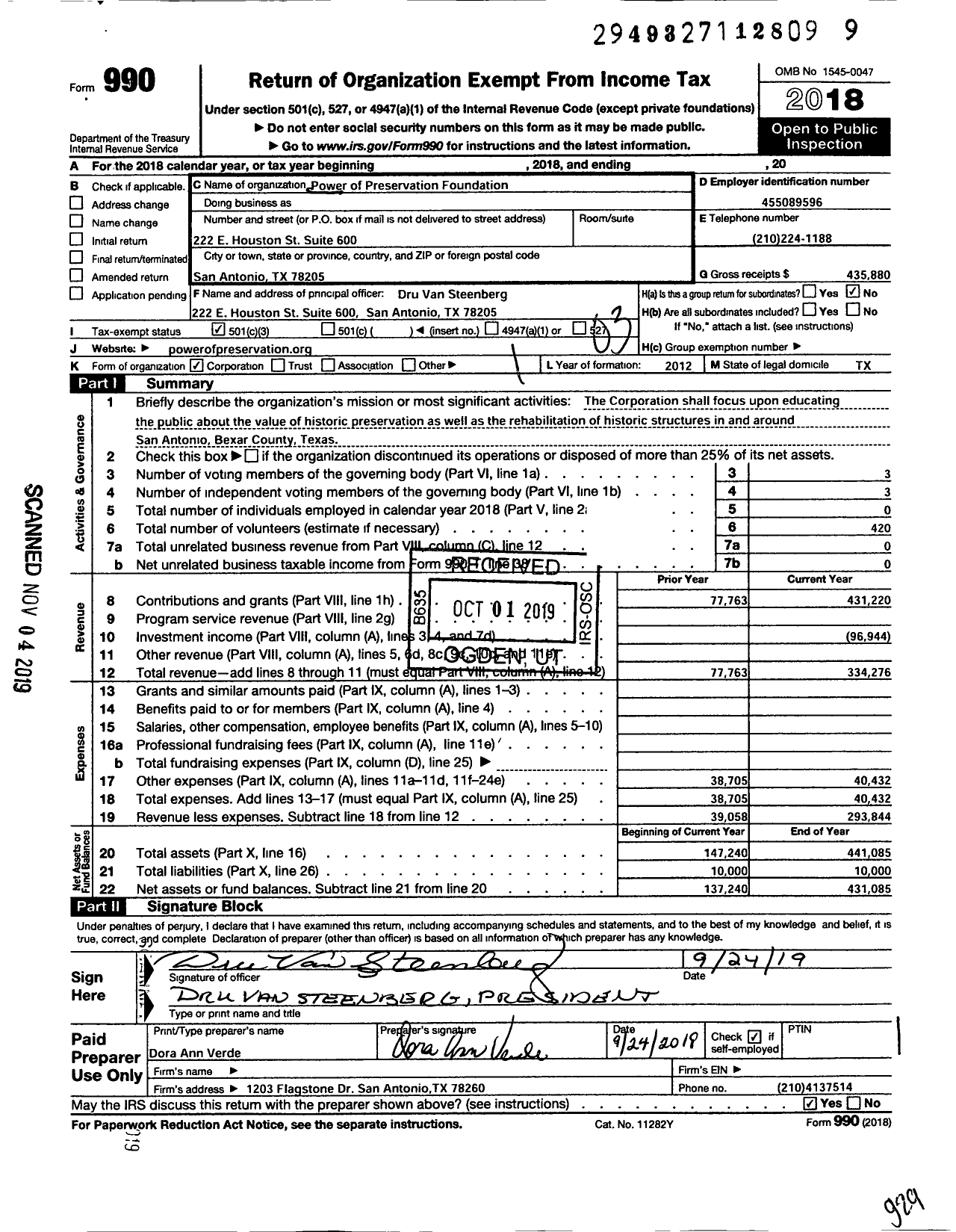 Image of first page of 2018 Form 990 for Power of Preservation Foundation